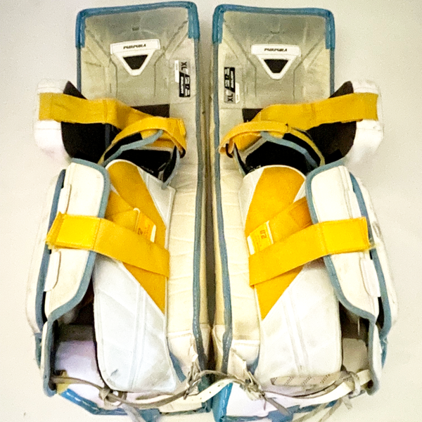 Bauer Vapor Hyperlite - Used Pro Stock Goalie Pads (White/Blue/Yellow)