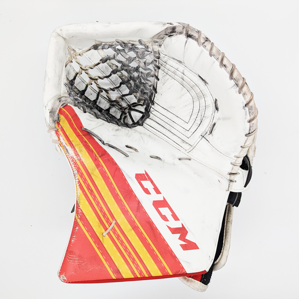 CCM Extreme Flex 5 - Used Pro Stock Goalie Glove (White/Yellow/Red)