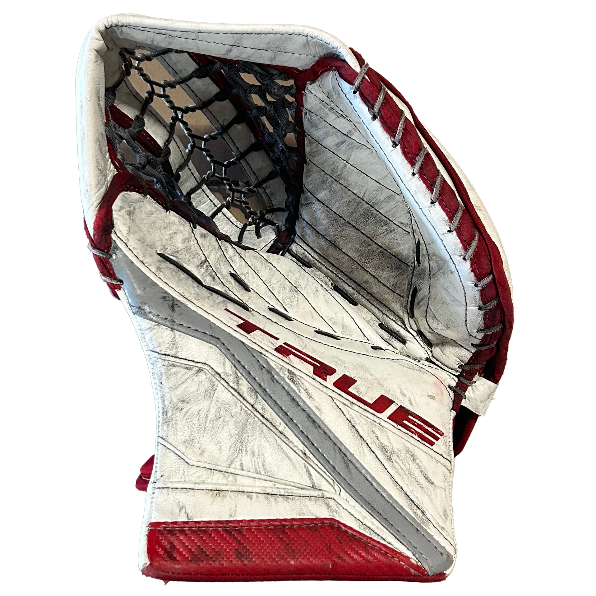 True L12.2 - Used Pro Stock Goalie Glove (White/Red/Grey)