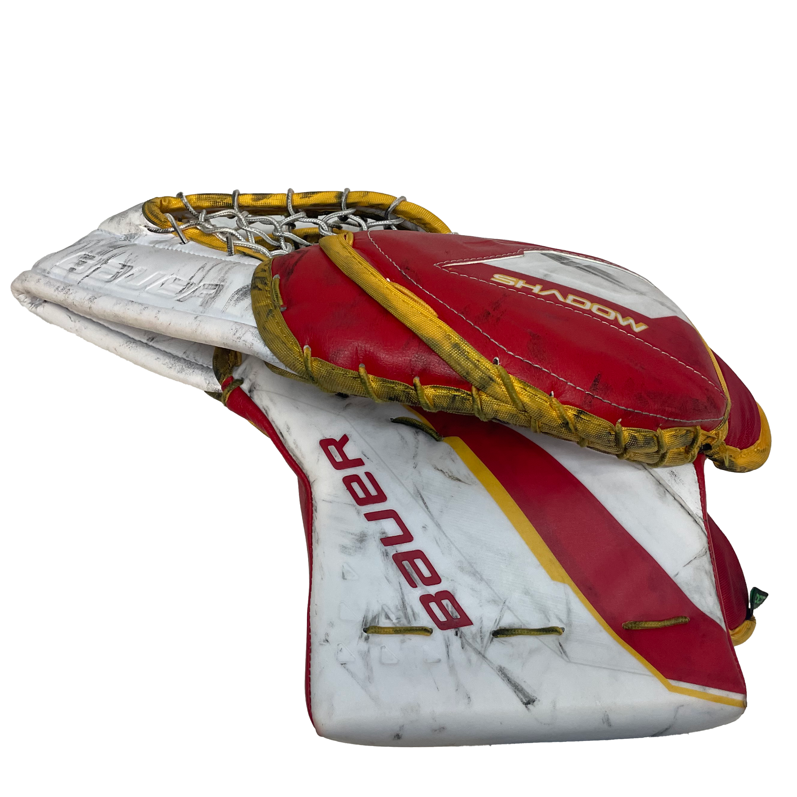 Bauer Supreme Shadow - Used Pro Stock Goalie Glove (White/Red/Yellow) *Practice Palm