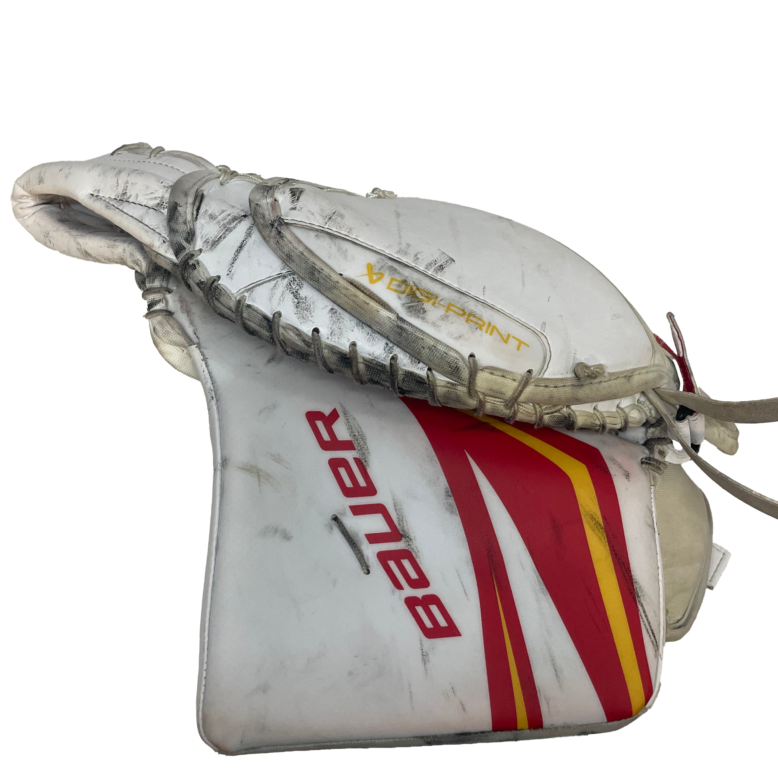 Bauer Vapor Hyperlite 2 - Used AHL Pro Stock Goalie Glove (White/Red/Yellow)