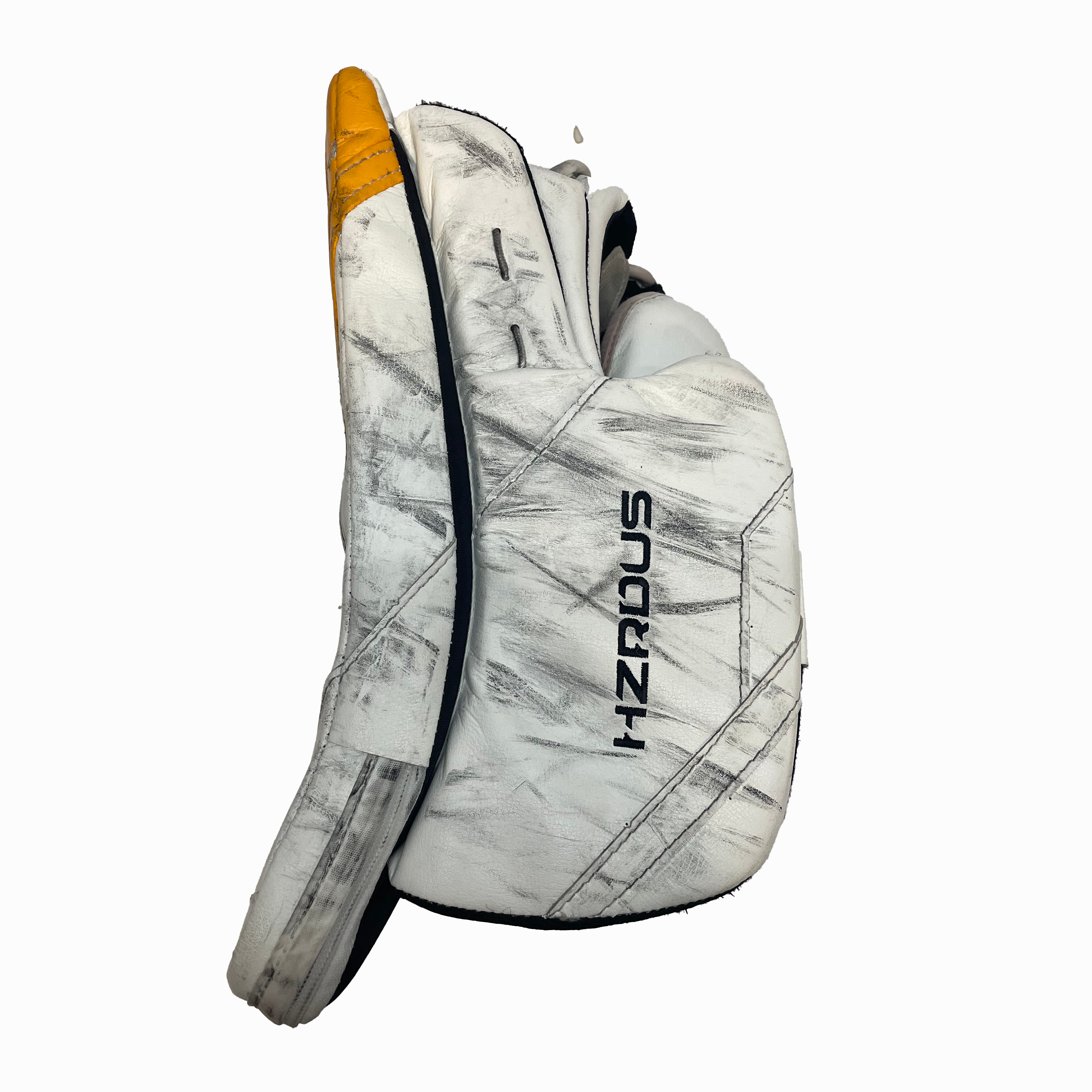 True HZRDUS PX4 - Used Full Right Pro Stock Goalie Blocker - Brandon Bussi (White/Black/Yellow)