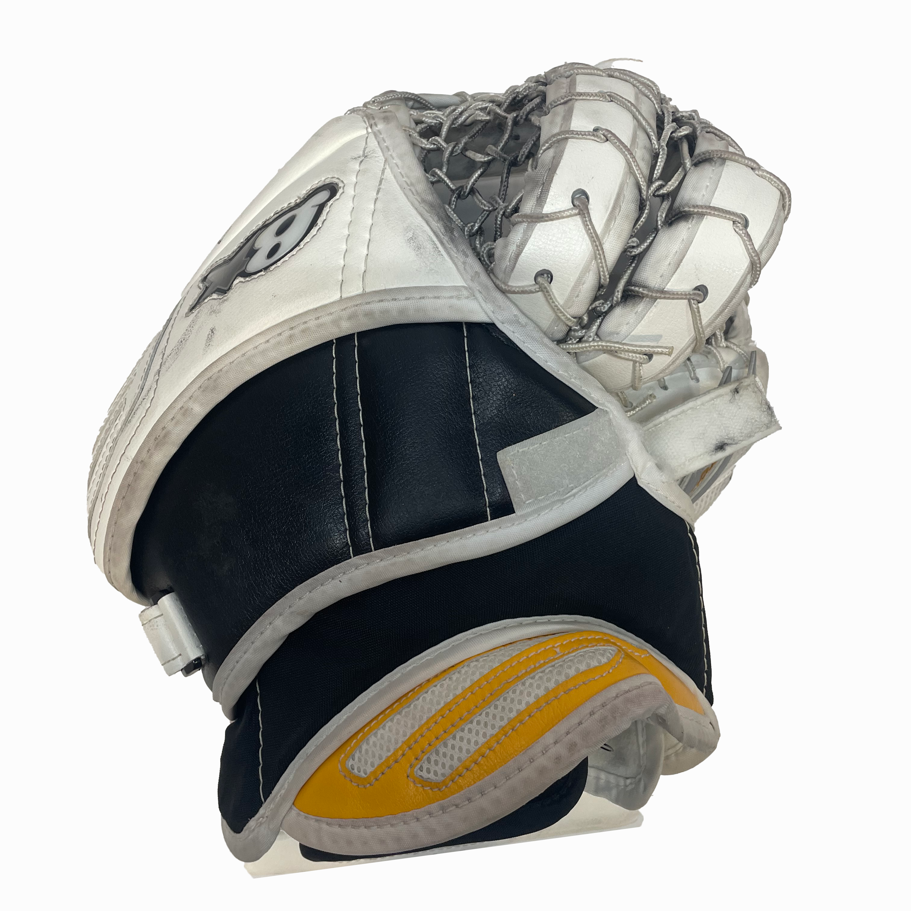 Brians Optik 2 - Used AHL Pro Stock Goalie Glove (White/Black/Yellow)