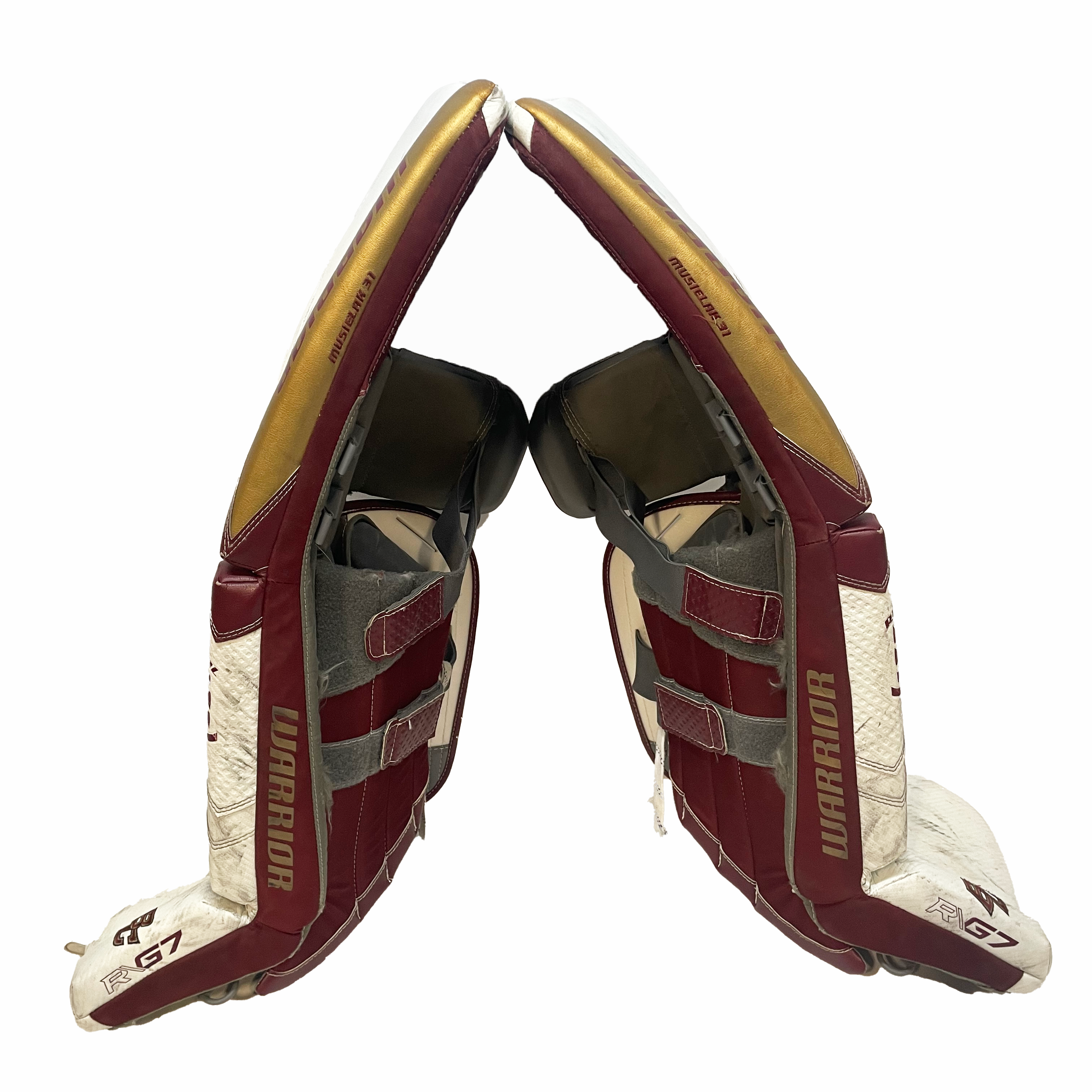 Warrior Ritual G7 Pro - Used NCAA Pro Stock Goalie Pads (White/Maroon/Gold)