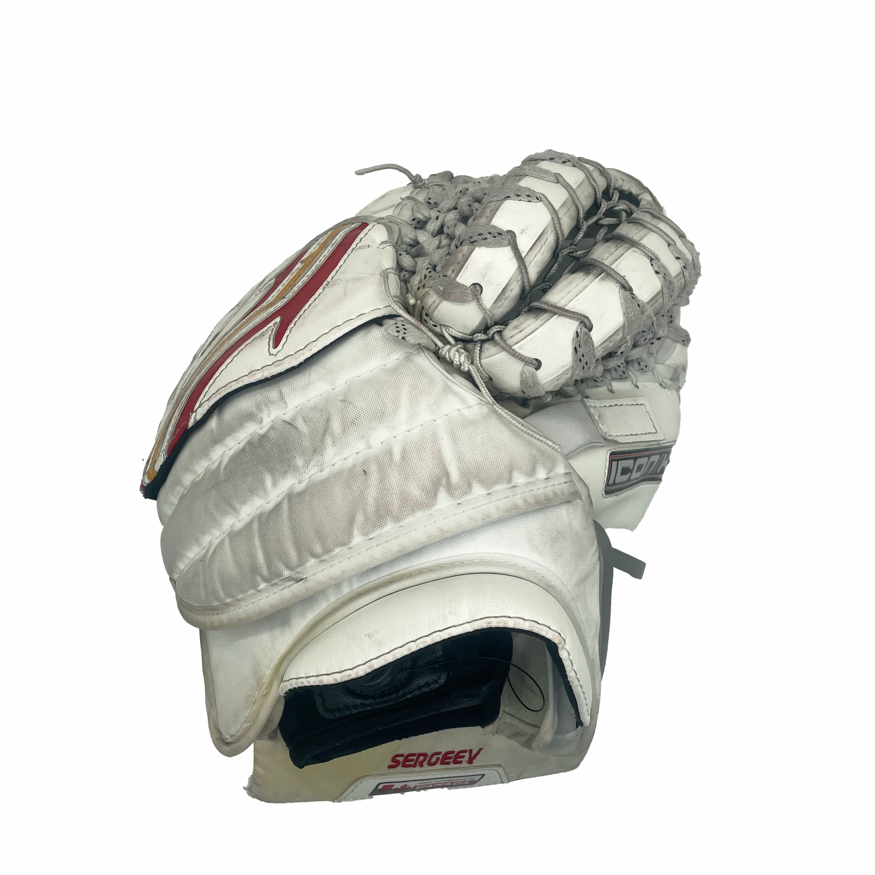 Brians Icon1k - Used AHL Pro Stock Goalie Glove (White/Red/Yellow)