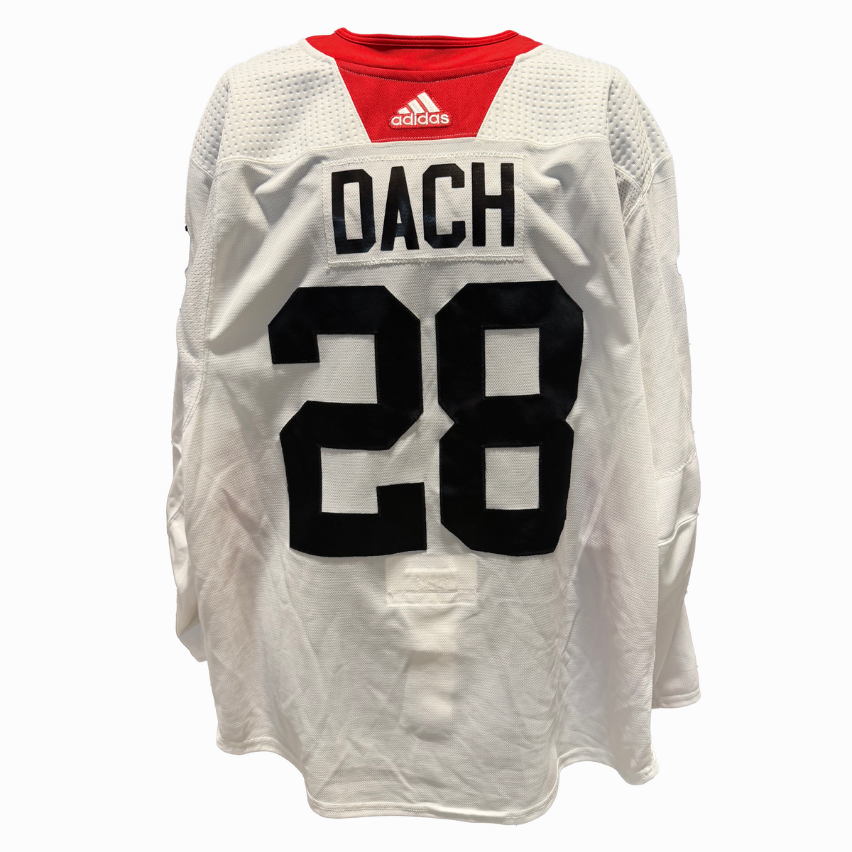 LNH - Maillot d'entraînement Adidas des Blackhawks de Chicago usagé avec étiquettes nominatives (blanc)