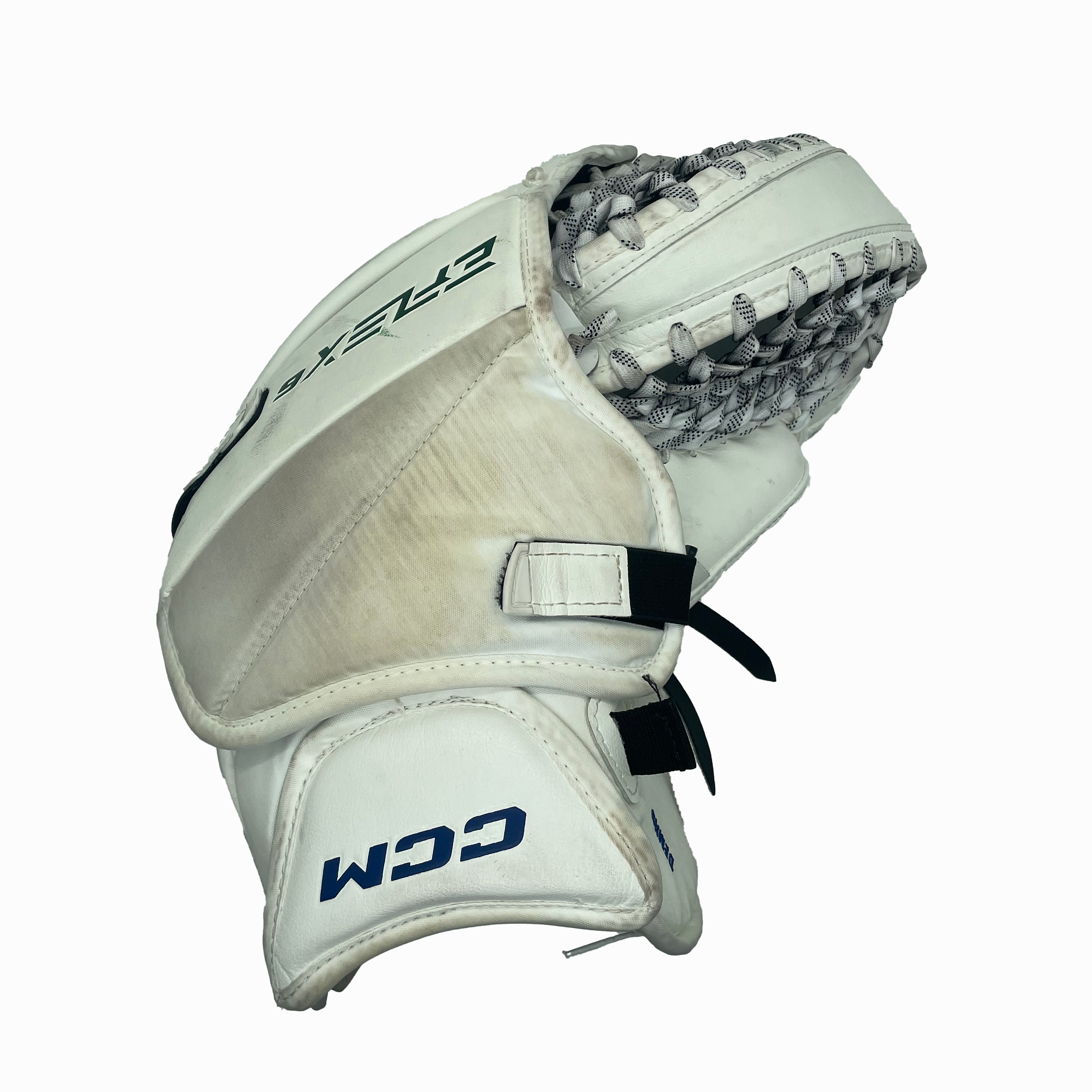 CCM Extreme Flex 6 - Used NHL Pro Stock Goalie Glove - Thatcher Demko (White/Blue/Green)