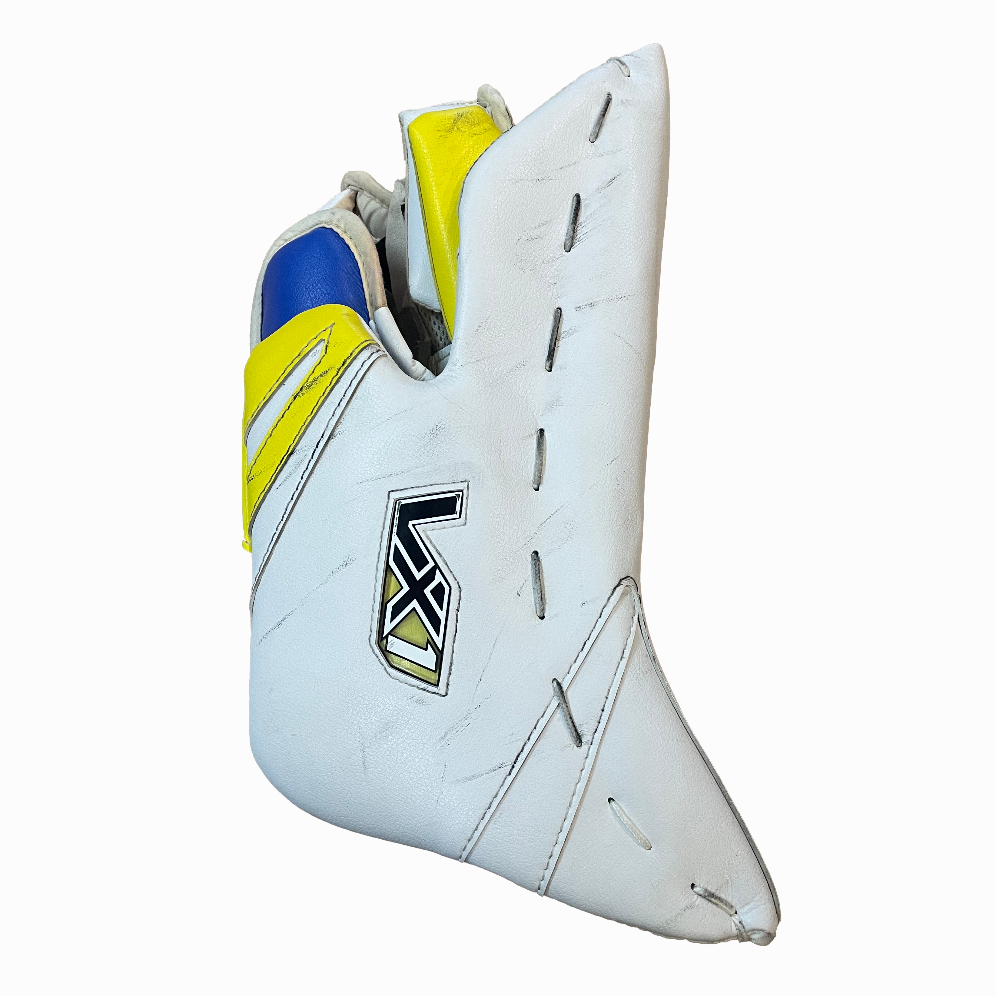 Vaughn Velocity VX1 - Used Pro Stock Goalie Blocker (White/Navy/Yellow)