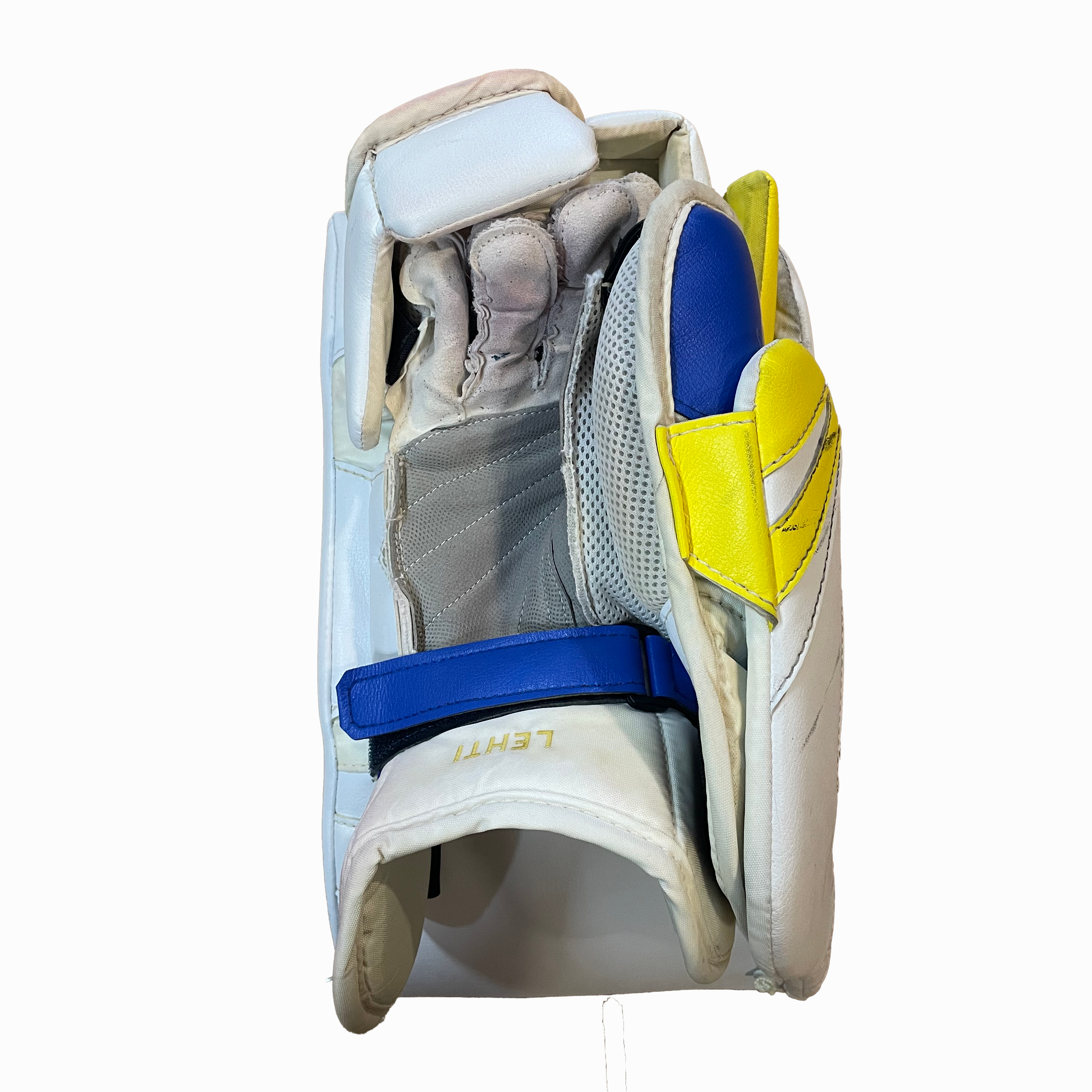 Vaughn Velocity VX1 - Used Pro Stock Goalie Blocker (White/Navy/Yellow)