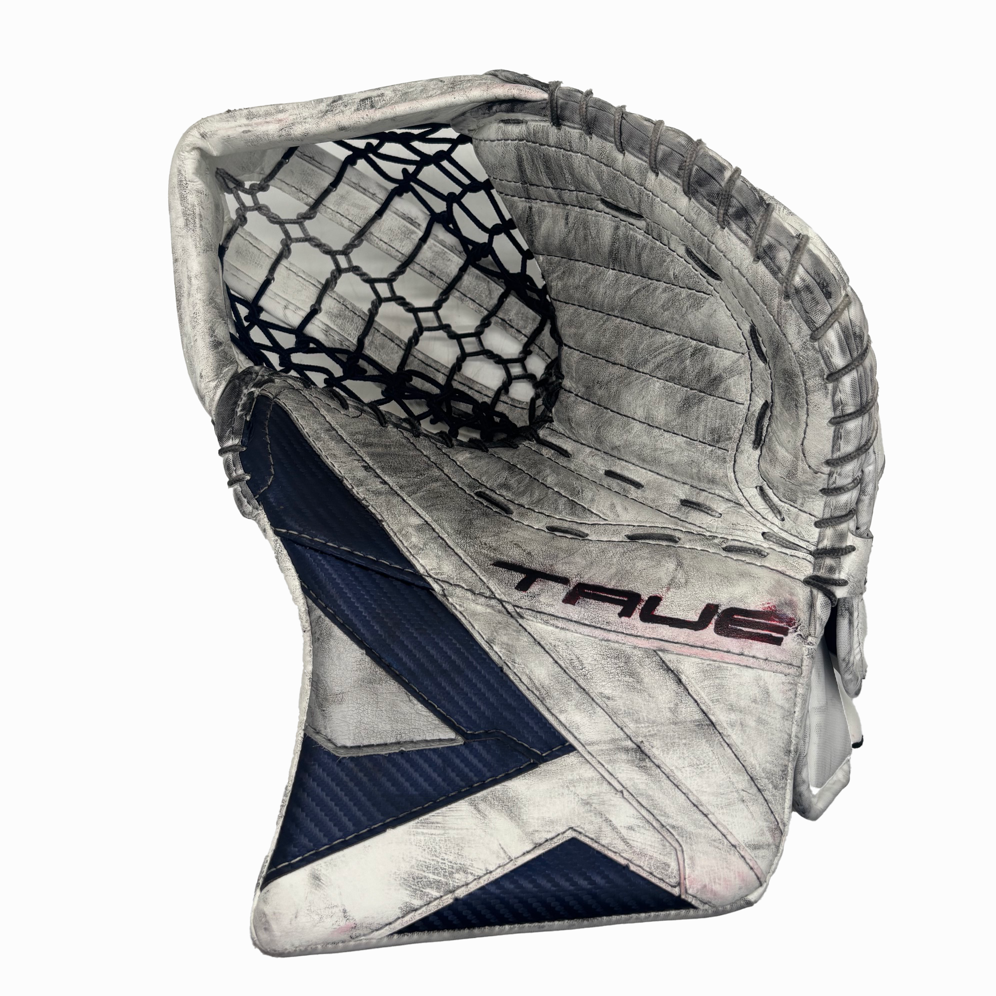 TRUE Catalyst Nitro Pro - Gant de gardien de but NHL Pro Stock usagé - Ivan Fedotov (Blanc/Bleu Marine/Rouge)