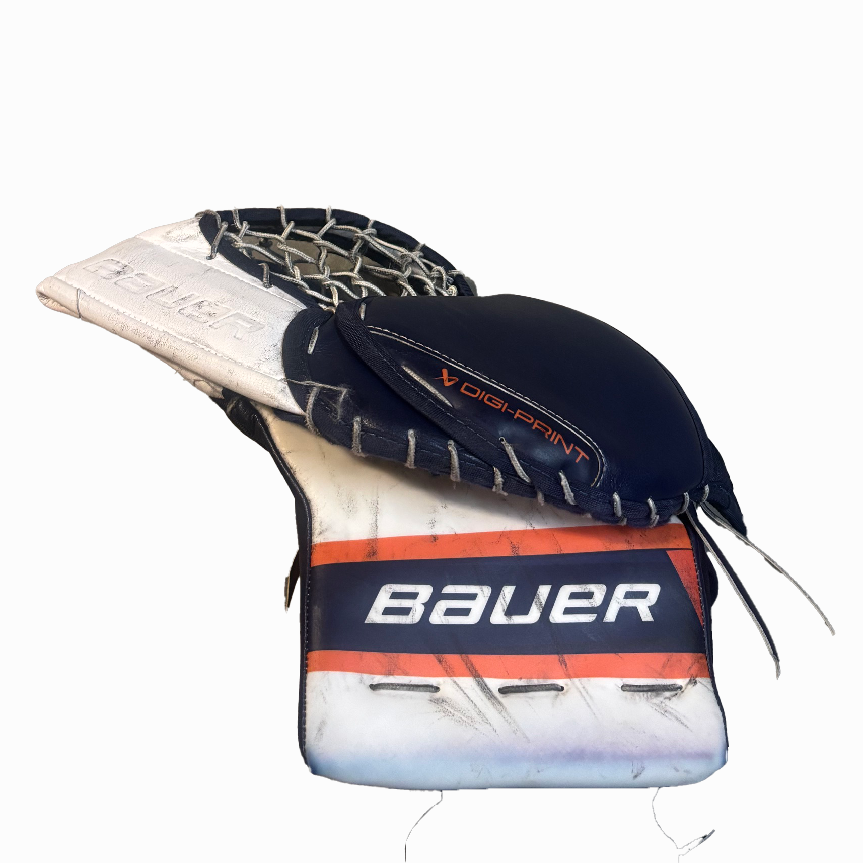 Used - Bauer Supreme Mach - Pro Stock Goalie Glove (White/Navy/Orange)