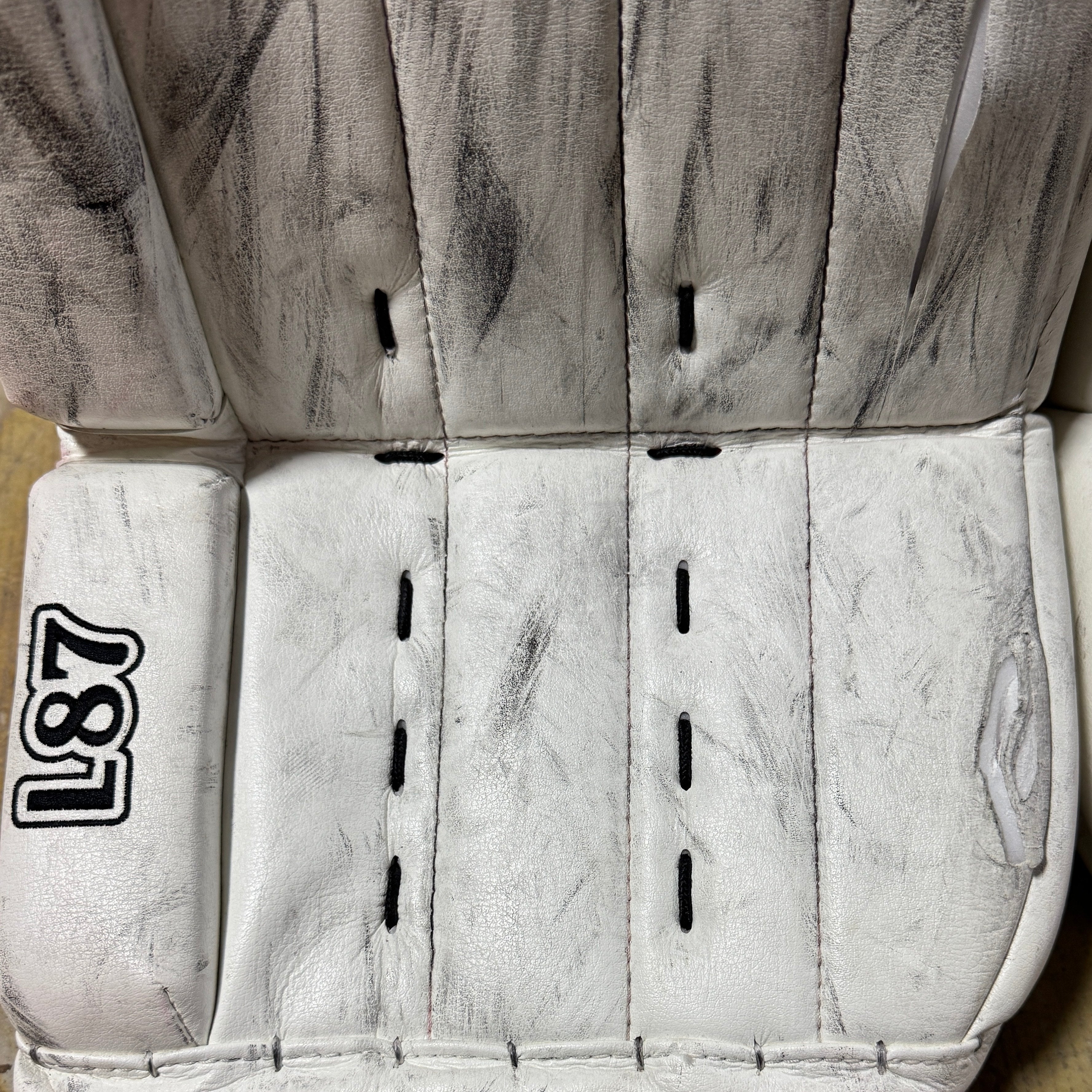 True Catalyst L87 - Used Pro Stock Goalie Pads - Carter George (White/Red/Black)