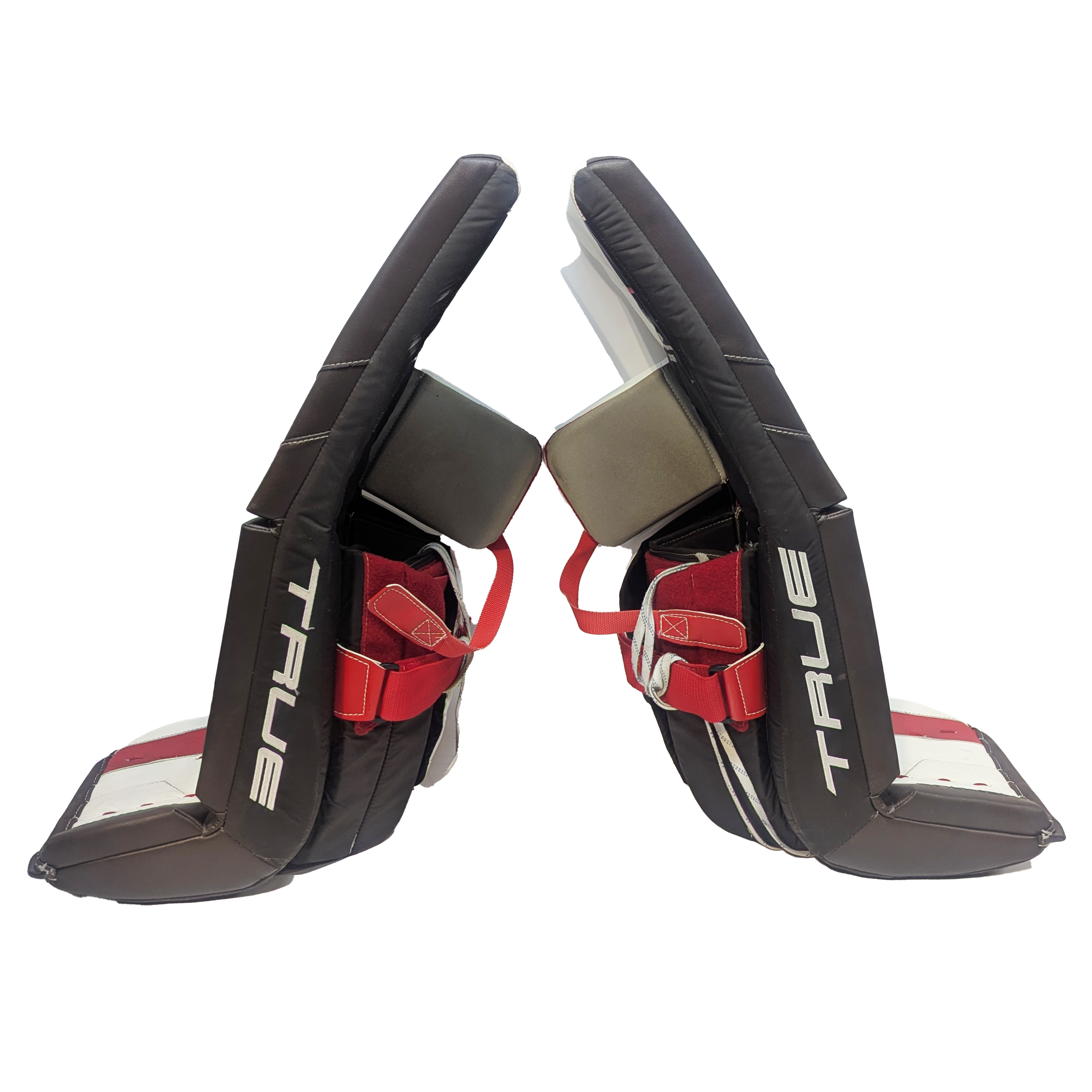 True HZRDUS PX4 - Used NCAA Pro Stock Goalie Pad Set (White/Brown/Red)