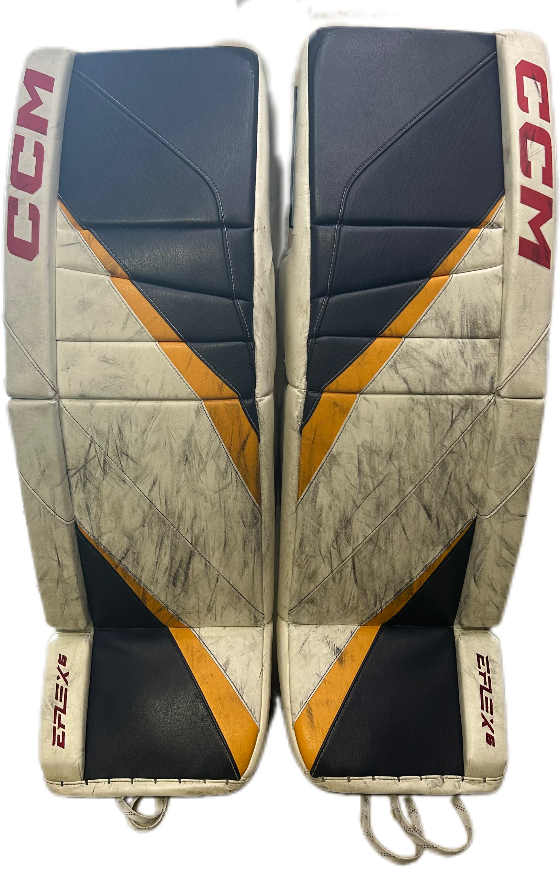 CCM Extreme Flex 6 - Used Pro Stock Goalie Pads (White/Navy/Yellow)