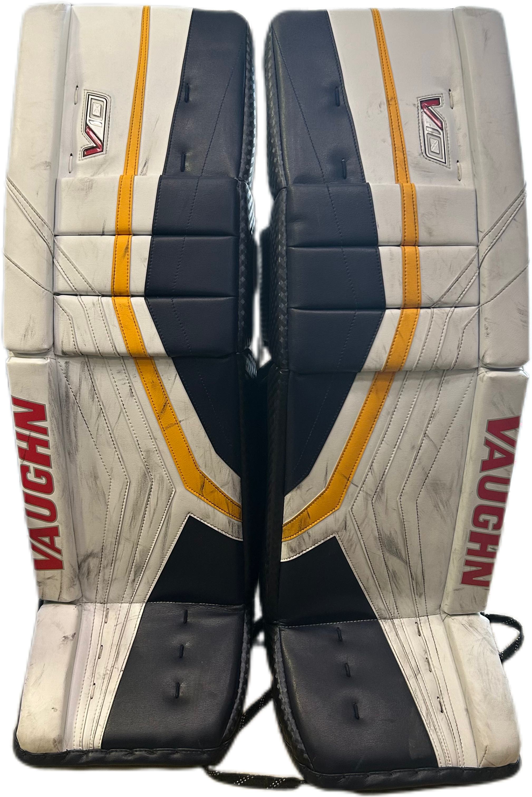 Vaughn Velocity V10 - Used Pro Stock Goalie Pads (White/Navy/Yellow)