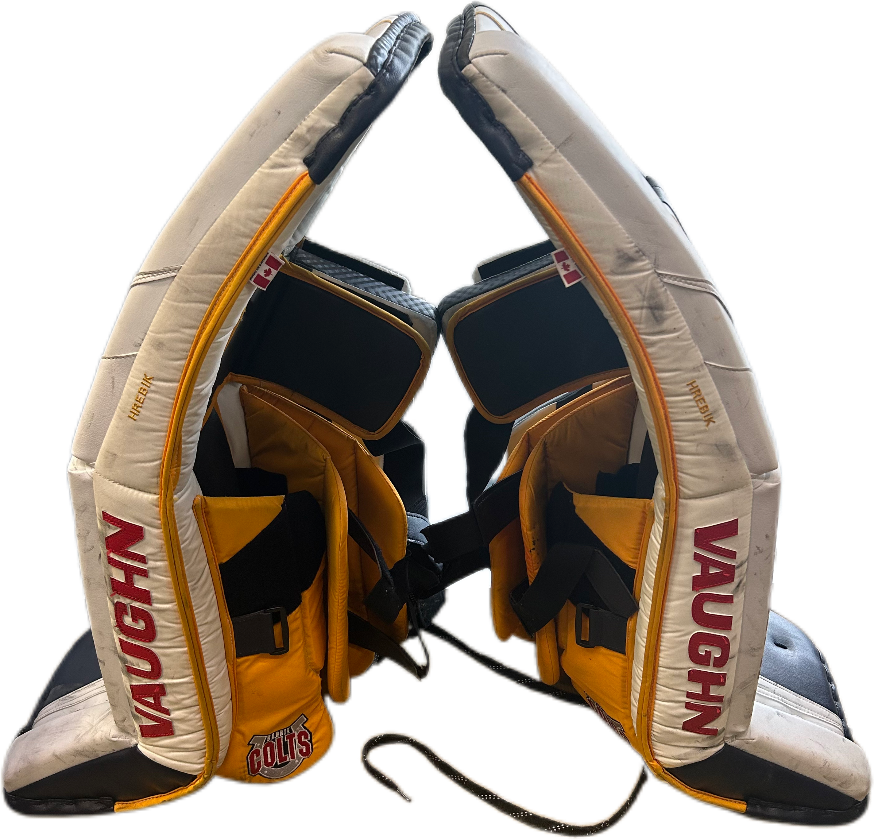 Vaughn Velocity V10 - Used Pro Stock Goalie Pads (White/Navy/Yellow)