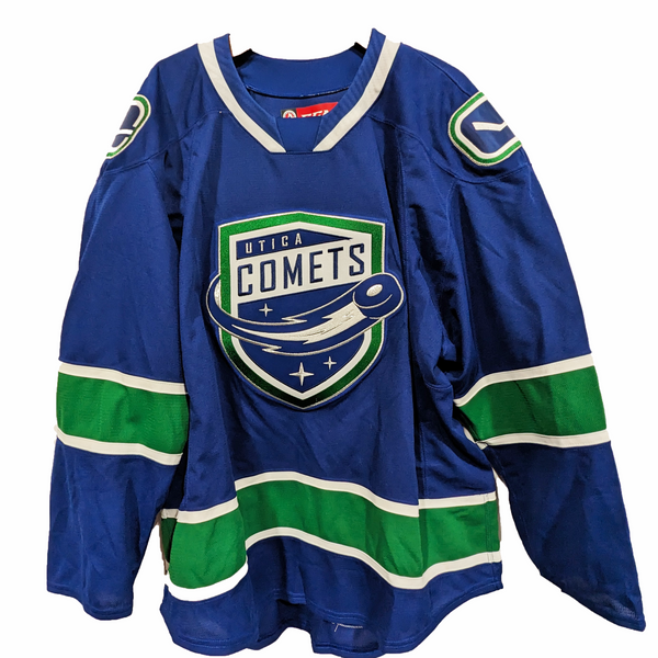 AHL Utica Comets Home Jersey Blue White Green HockeyStickMan
