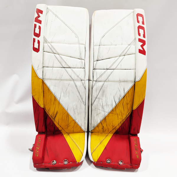 CCM Extreme Flex 6 - Used AHL Pro Stock Goalie Pads (White/Red/Yellow)