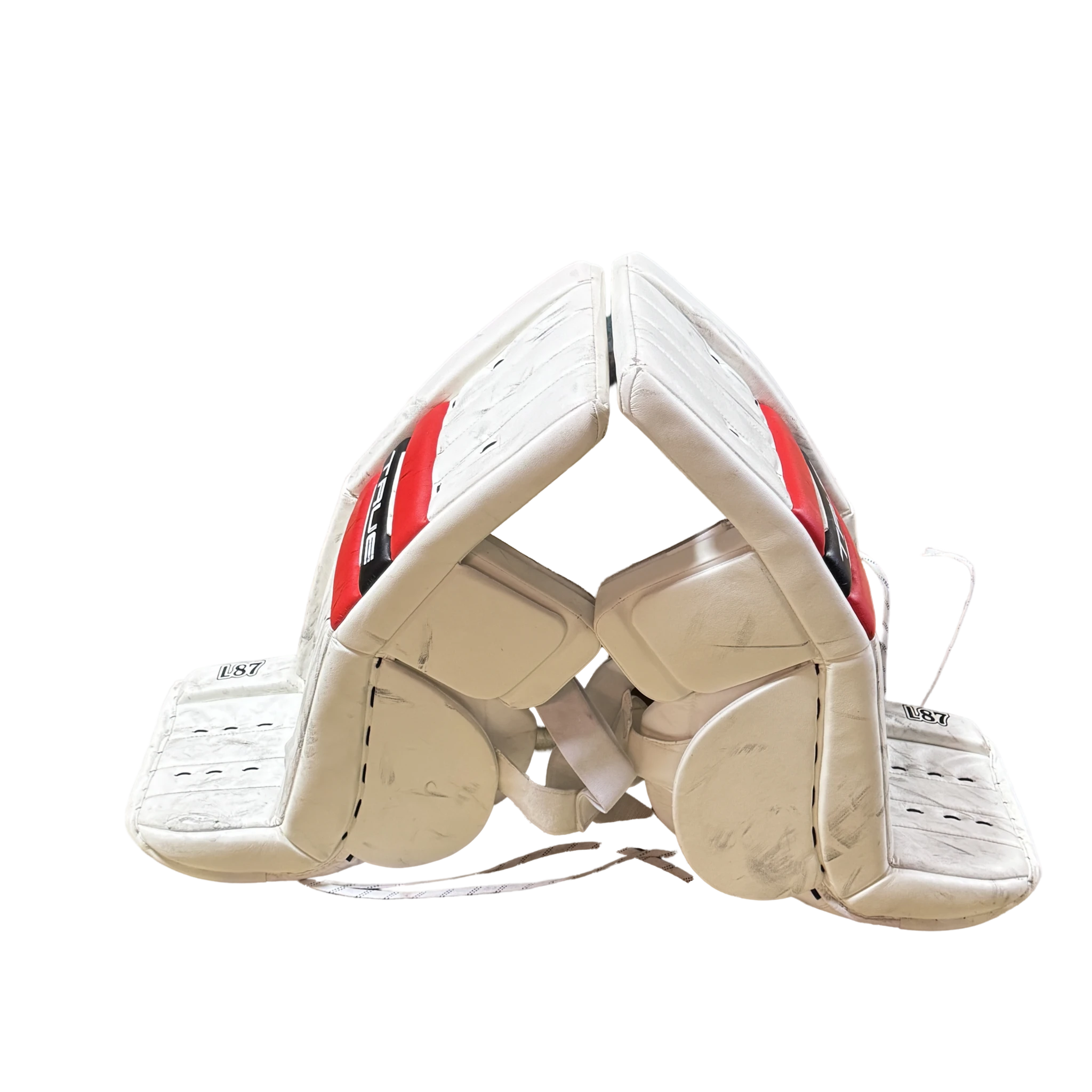 True Catalyst L87 - Used Pro Stock Goalie Pads - Carter George (White/Red/Black)