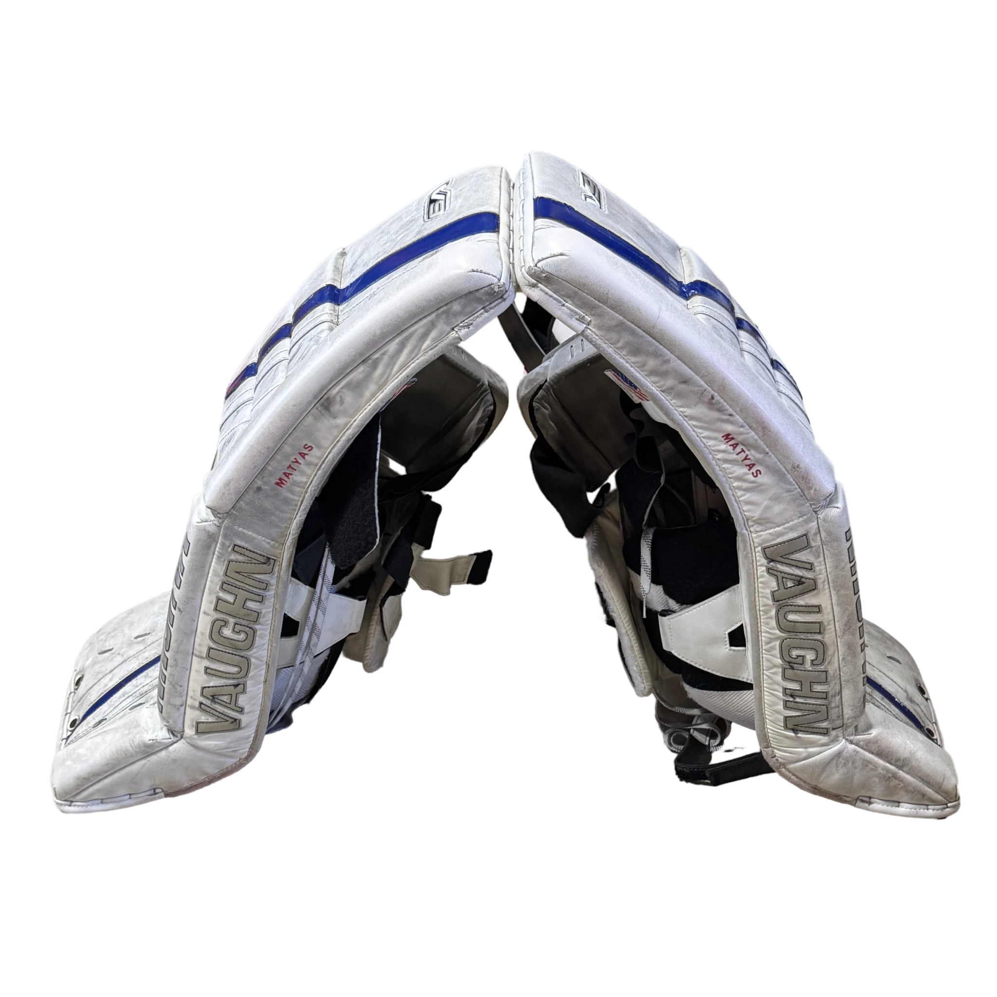 Vaughn Velocity V9 - Used NCAA Pro Stock Goalie Pads (White/Blue)