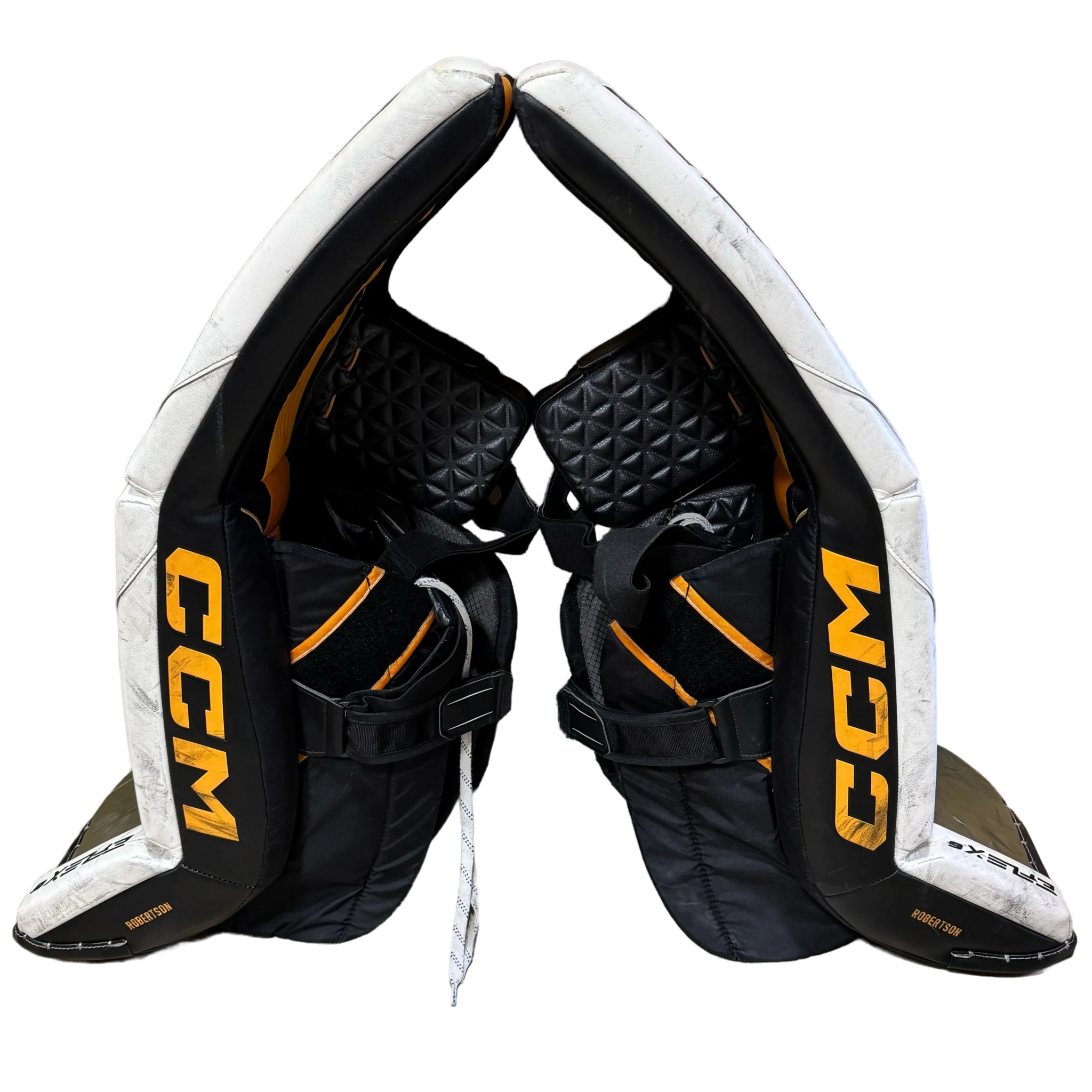 CCM Extreme Flex 6 - Used Pro Stock Goalie Pads (White/Green/Yellow/Black)
