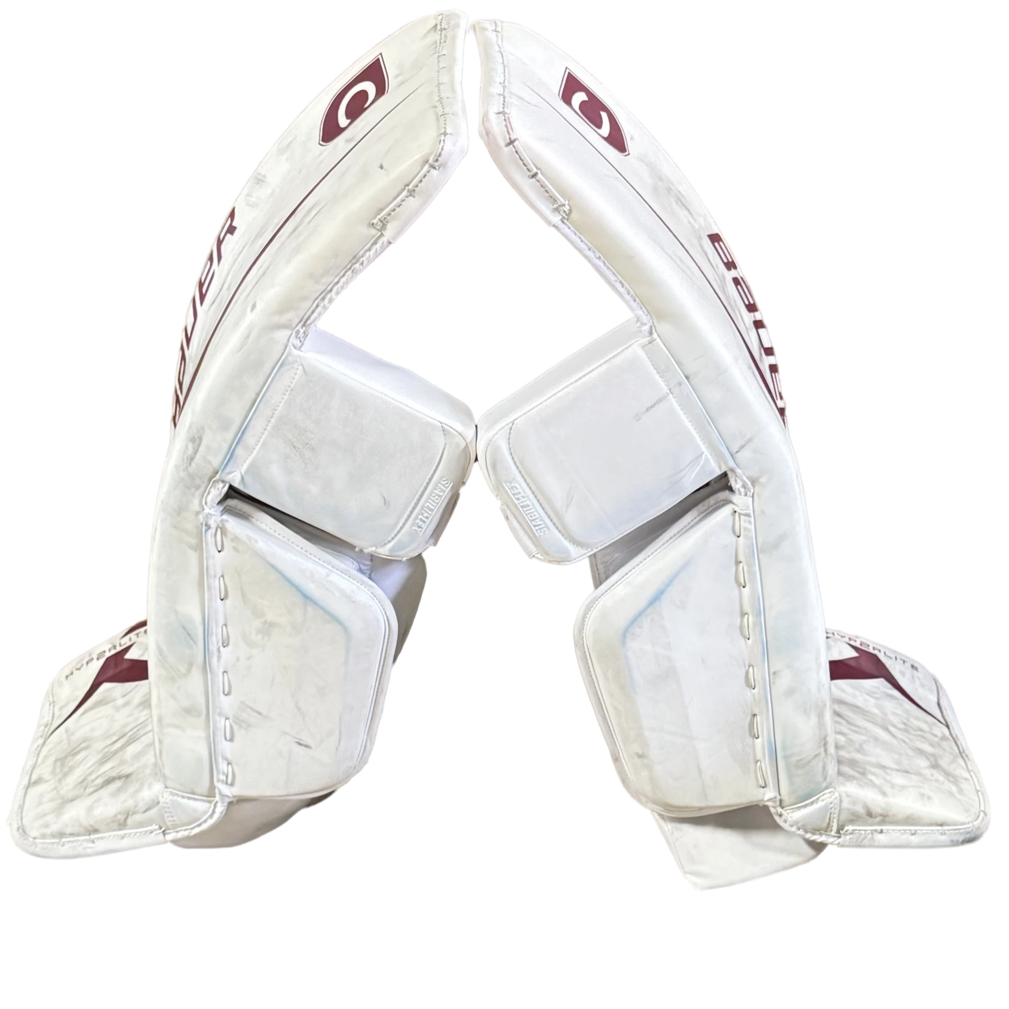 Bauer Vapor Hyperlite 2 - Used NCAA Pro Stock Goalie Pads (White/Maroon)