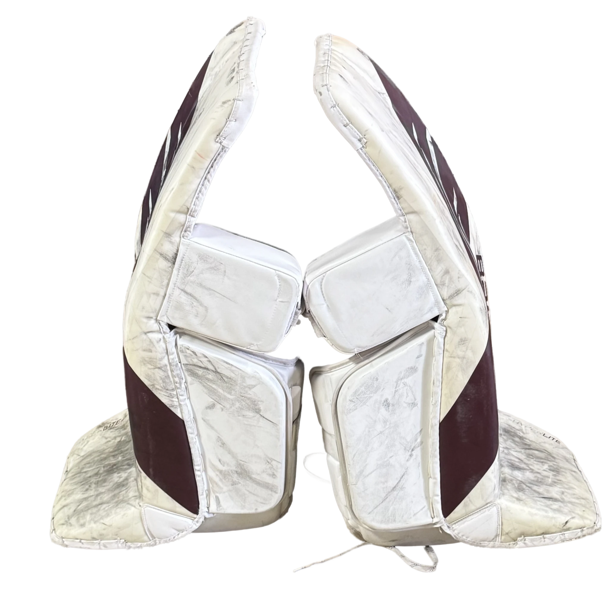 Bauer Vapor Hyperlite - Used NCAA Pro Stock Goalie Pads (White/Maroon)