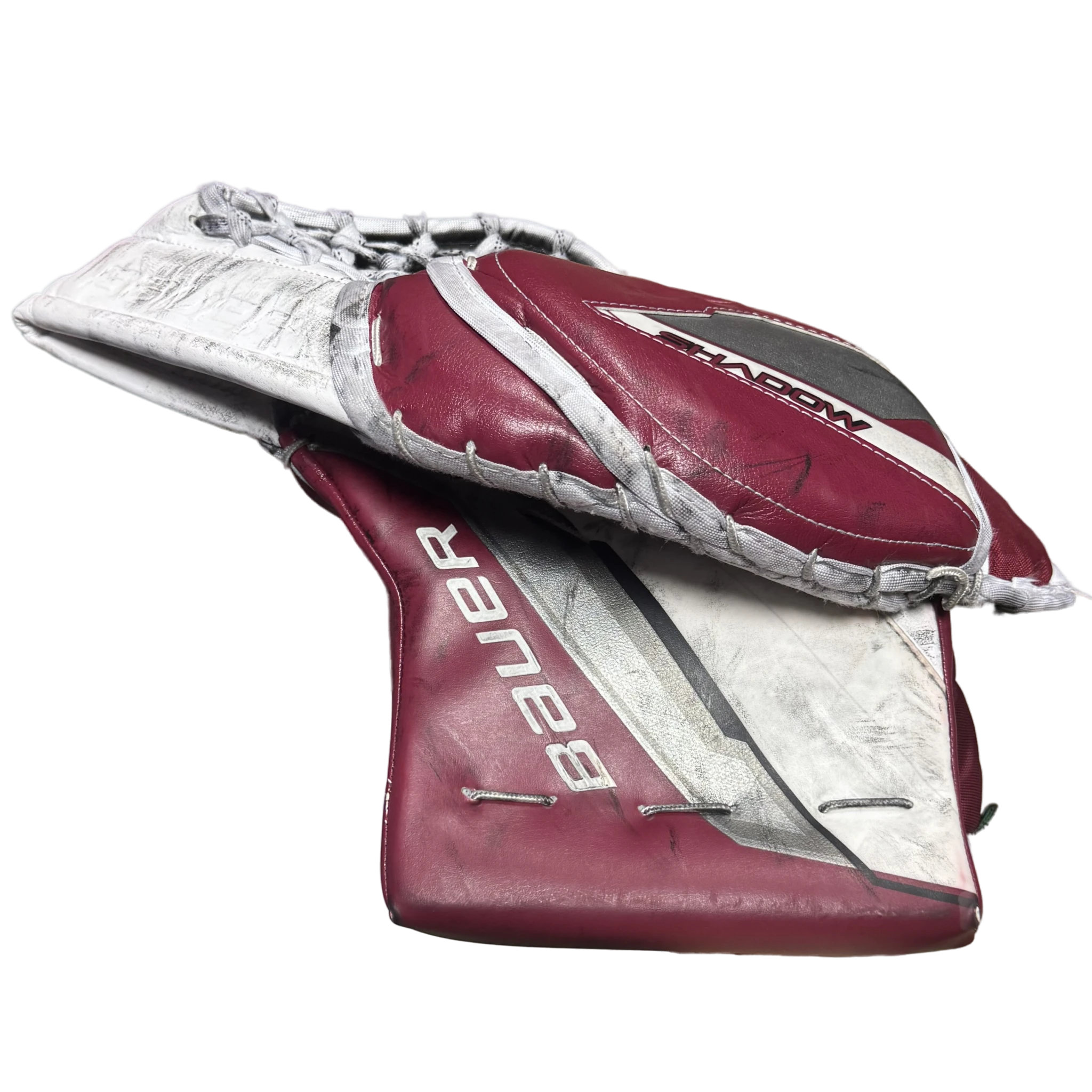 Bauer Supreme Shadow - Used Pro Stock Goalie Glove (White/Maroon/Black)