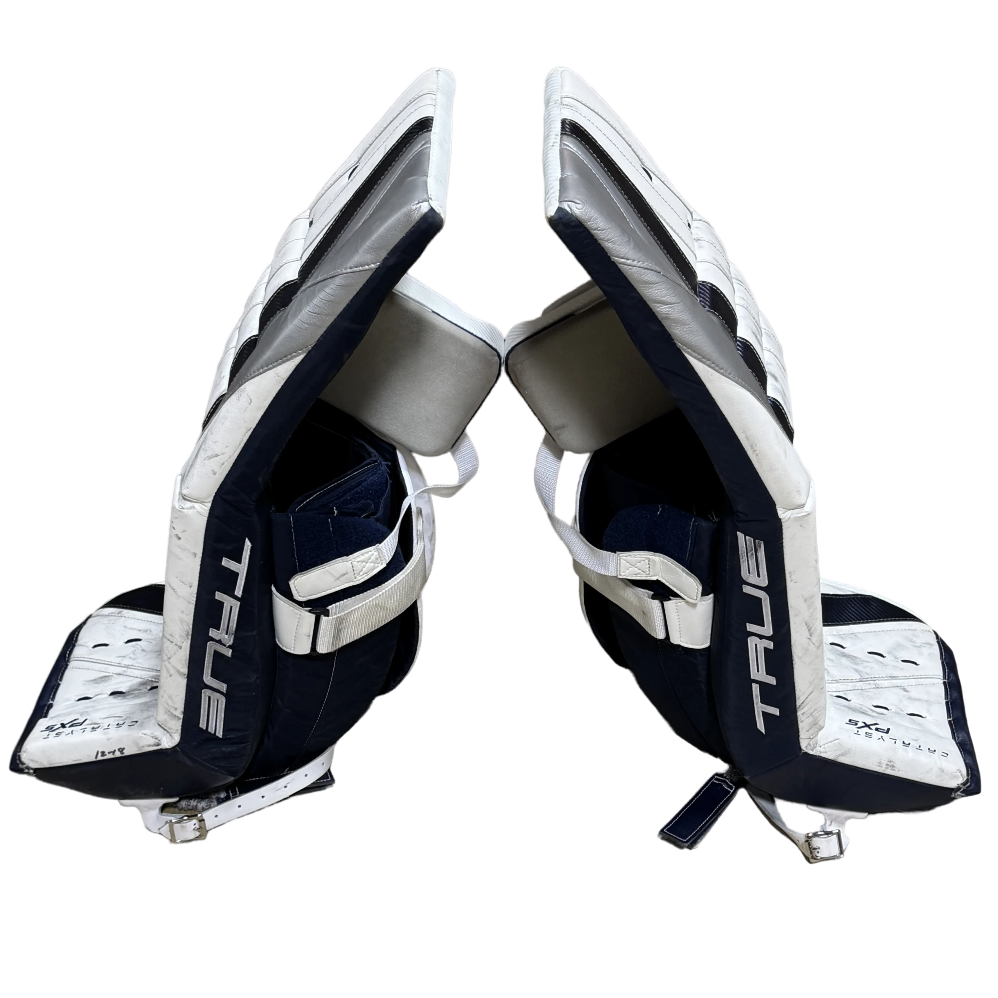 True Catalyst PX5 - Used Pro Stock Goalie Pads (White/Navy/Silver)
