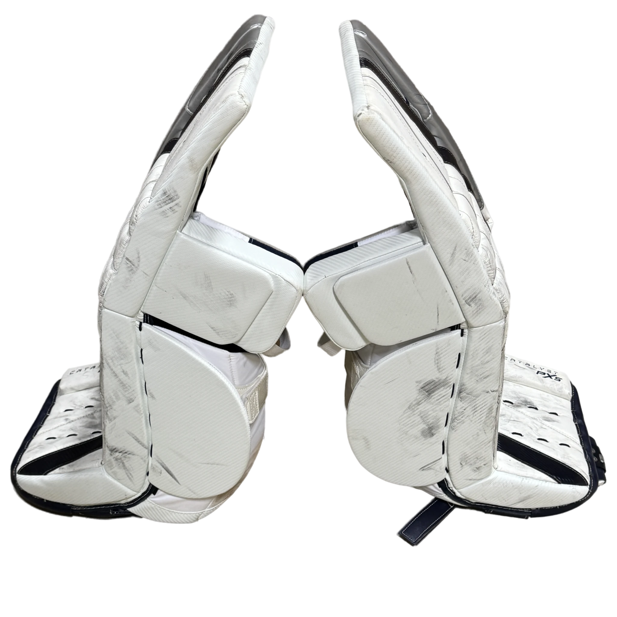 True Catalyst PX5 - Used Pro Stock Goalie Pads (White/Navy/Silver)