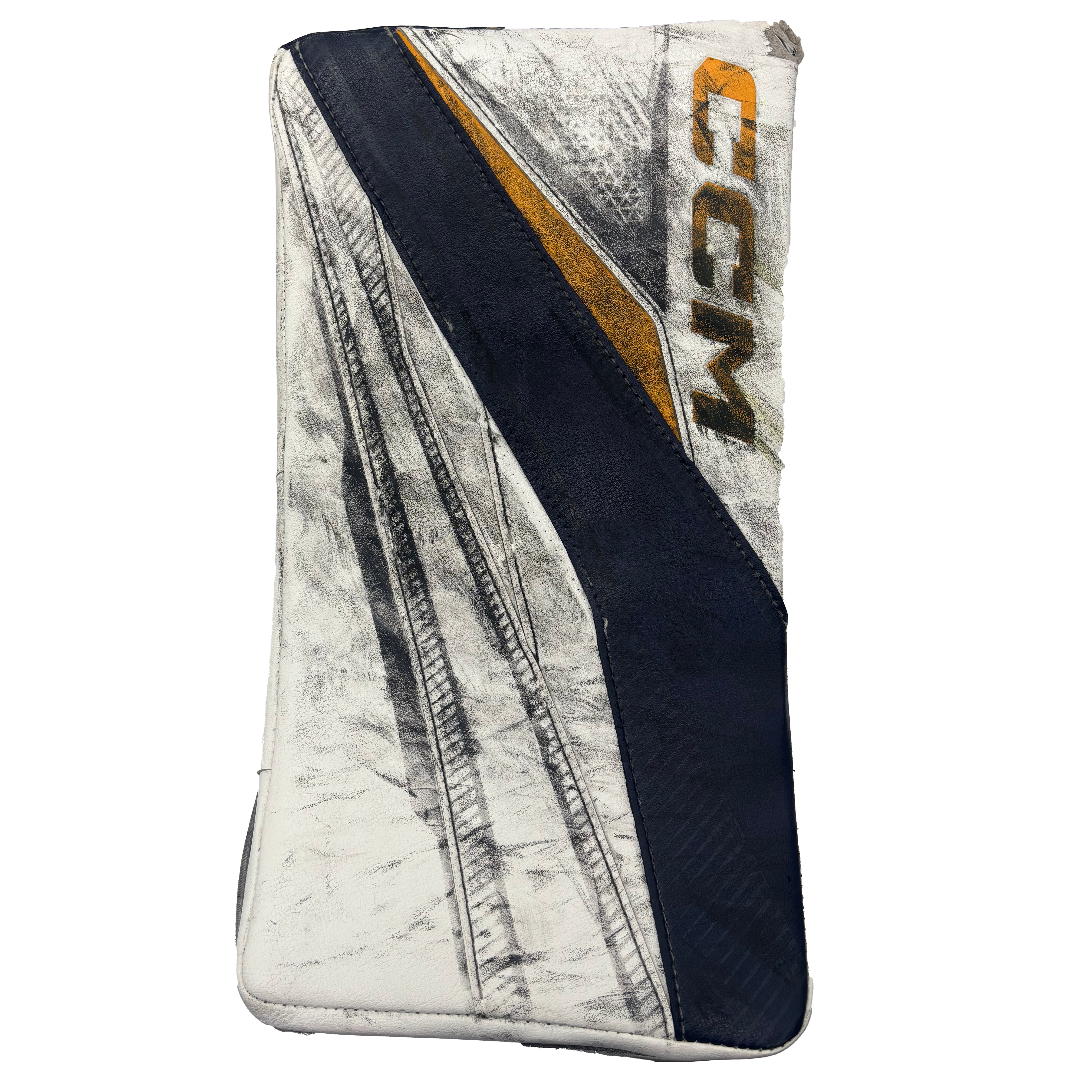 CCM Axis XF Pro - Used Pro Stock Goalie Blocker (White/Navy/Yellow)