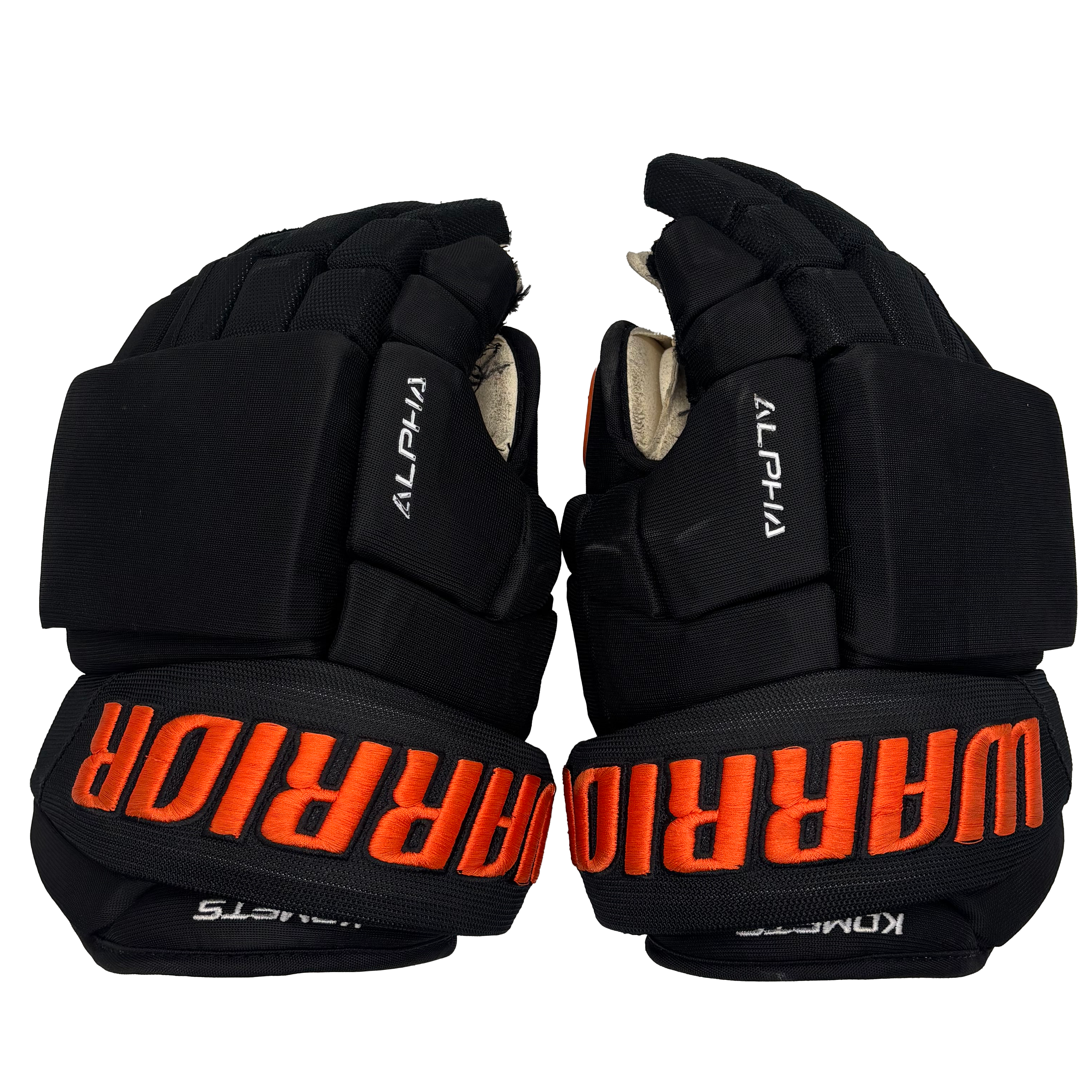Warrior Alpha - Used ECHL Pro Stock Hockey Gloves (Black/Orange)