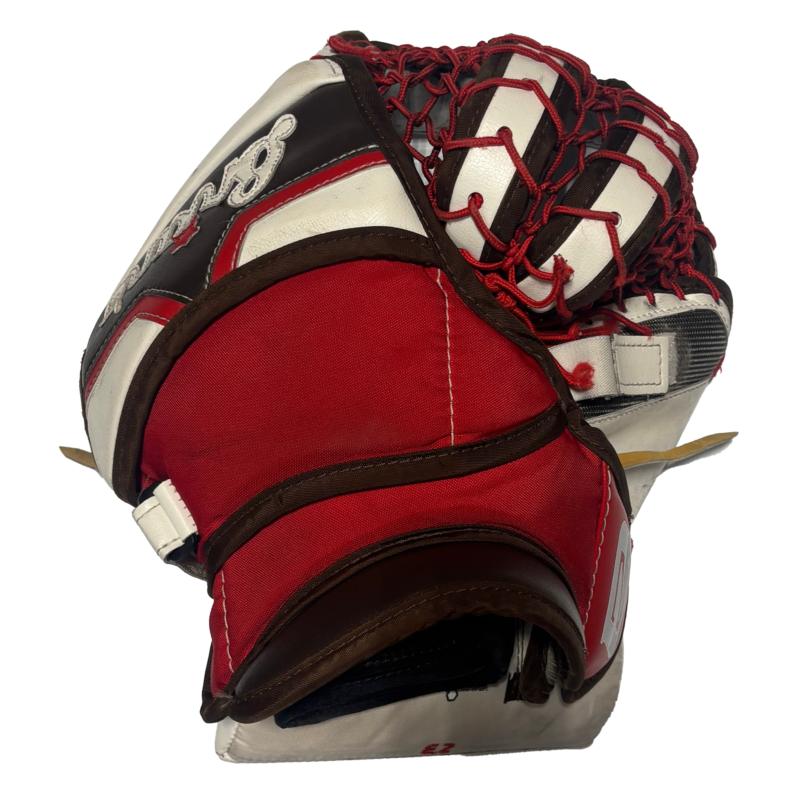Brians Optik 2 - Used NCAA Pro Stock Goalie Glove (White/Brown/Red)
