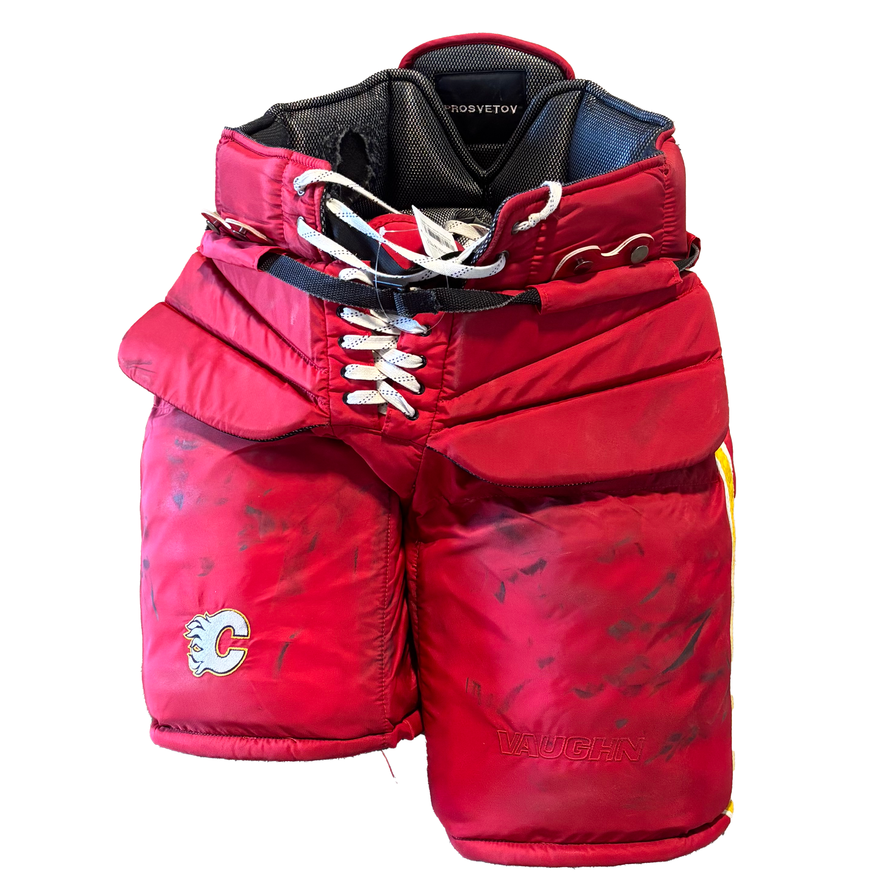 Vaughn Custom - Used NHL Pro Stock Goalie Pants - Calgary Flames (Red/Yellow/White)