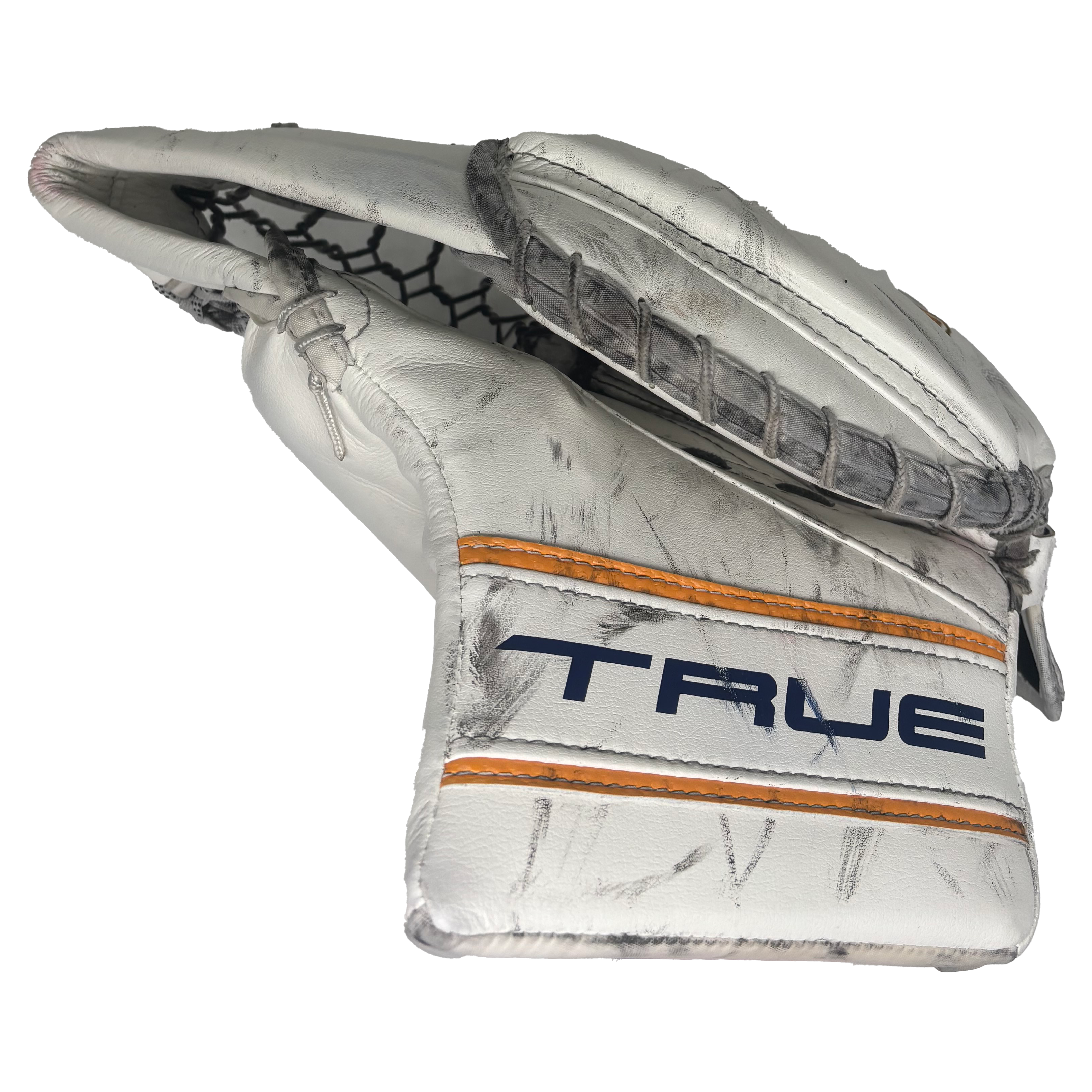 True L87 - Used NCAA Pro Stock Goalie Glove (White/Yellow/Navy)