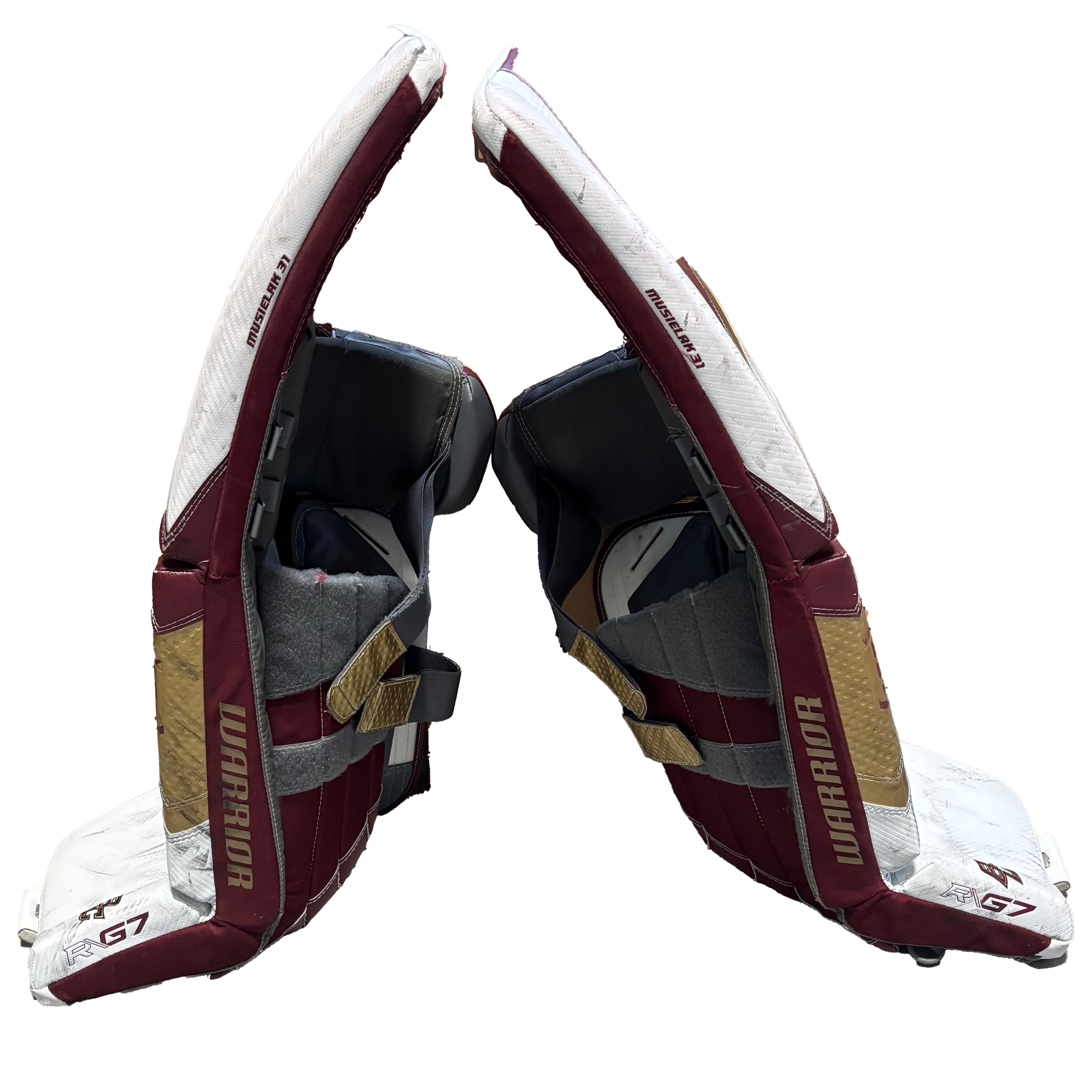 Warrior RG7 - Used Pro Stock Goalie Pads (White/Maroon/Gold)
