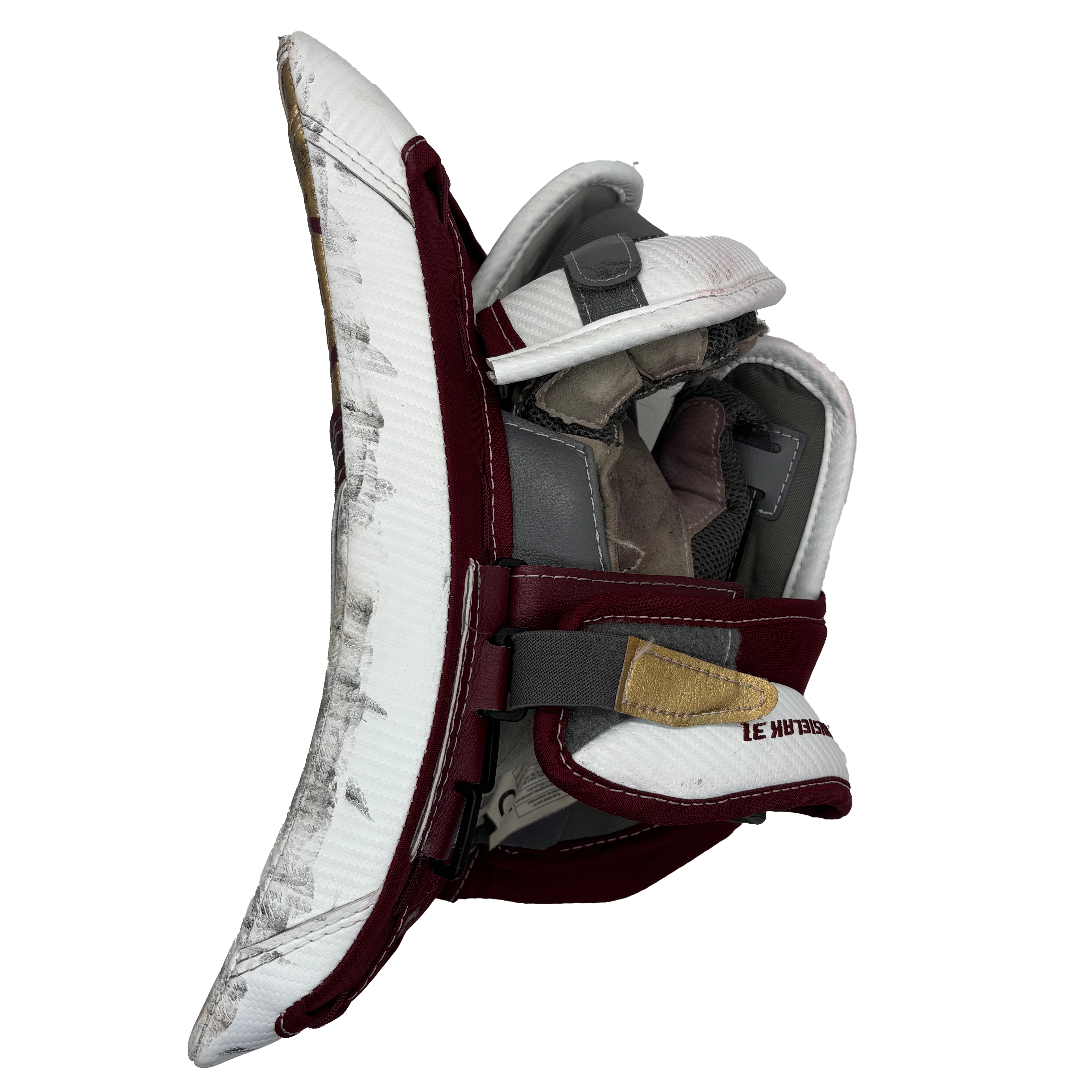 Warrior RG7.1 - Used Pro Stock Goalie Blocker (White/Maroon/Gold)