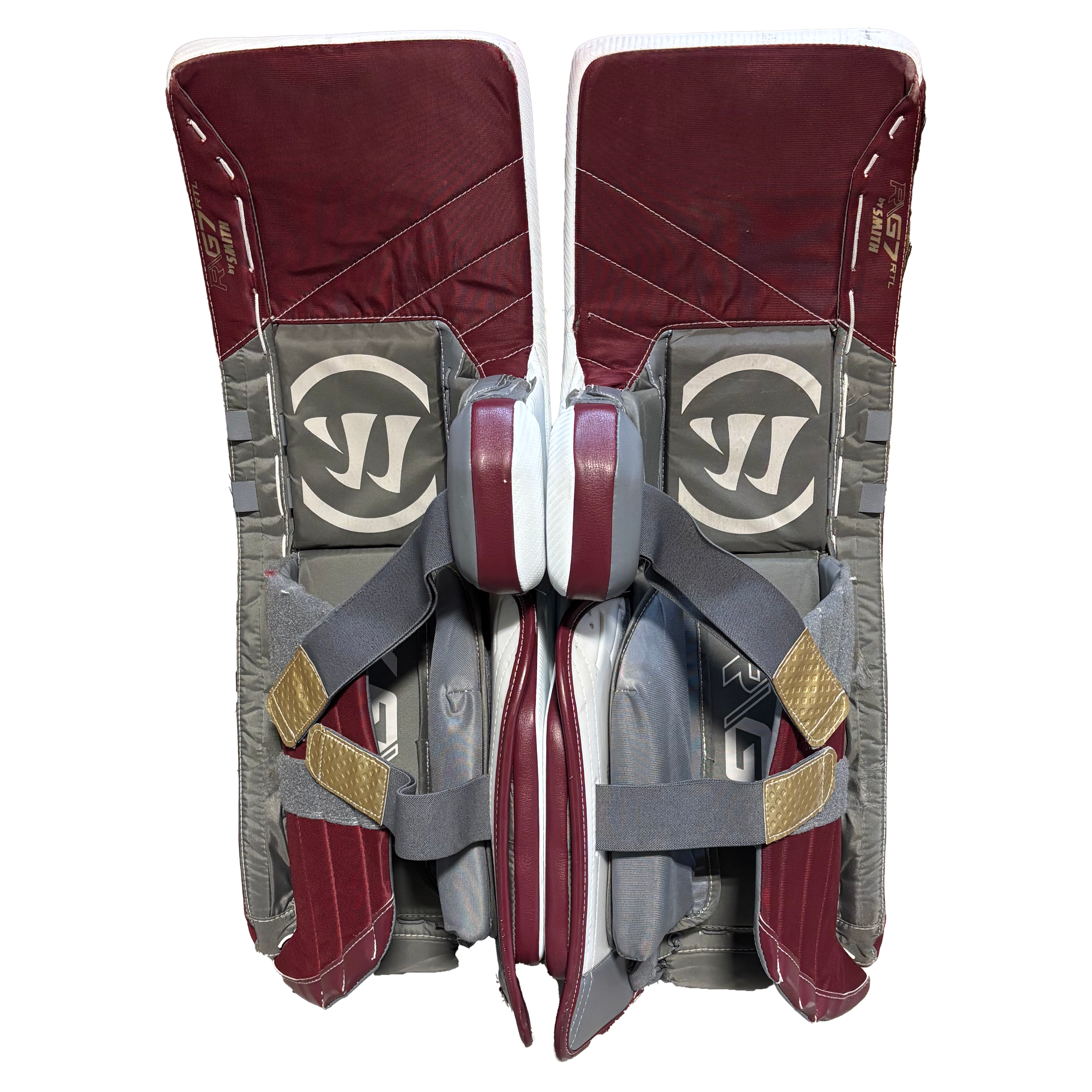 Warrior RG7 - Used Pro Stock Goalie Pads (White/Maroon/Gold)