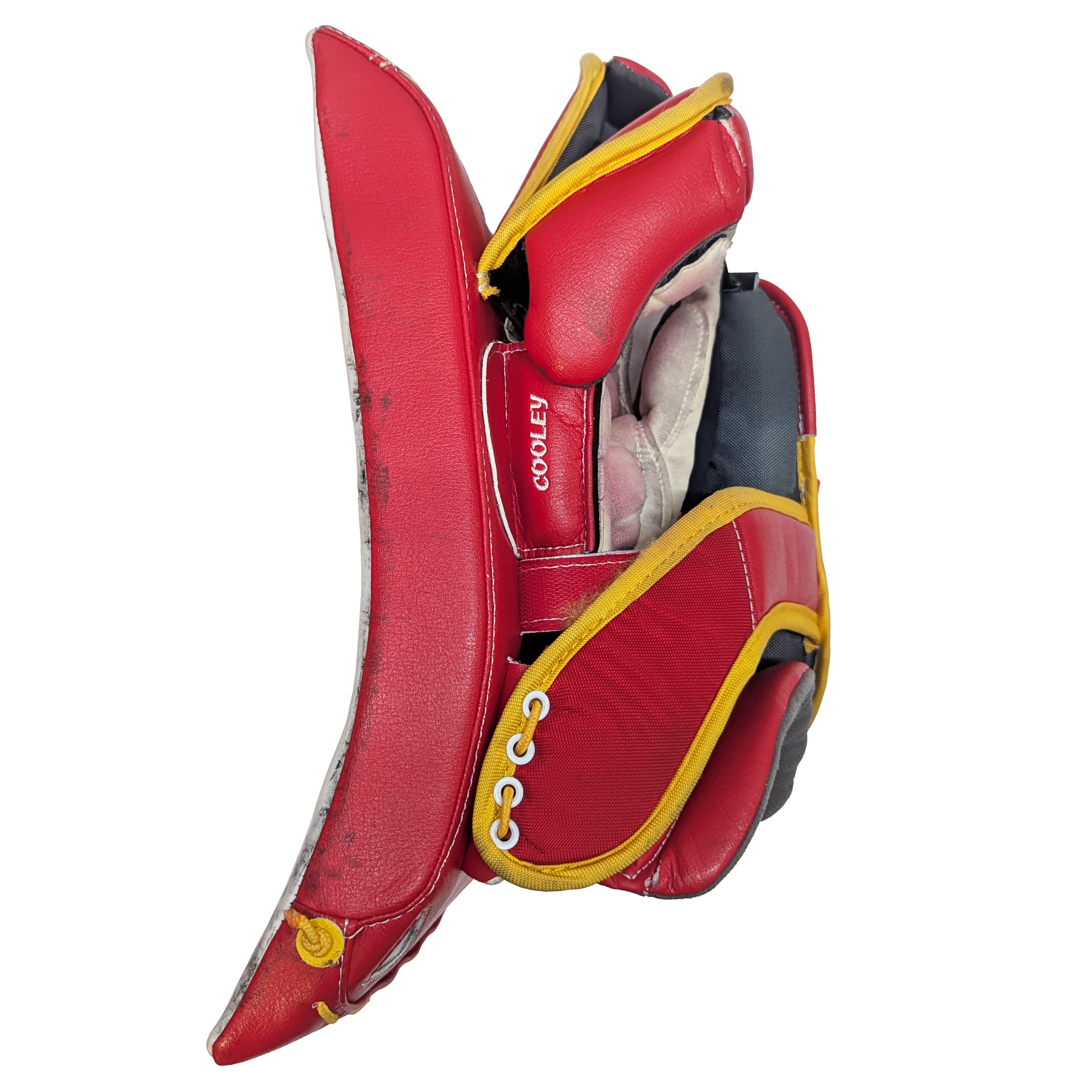 Bauer Supreme Shadow - AHL Used Pro Stock Goalie Blocker (White/Red/Yellow)