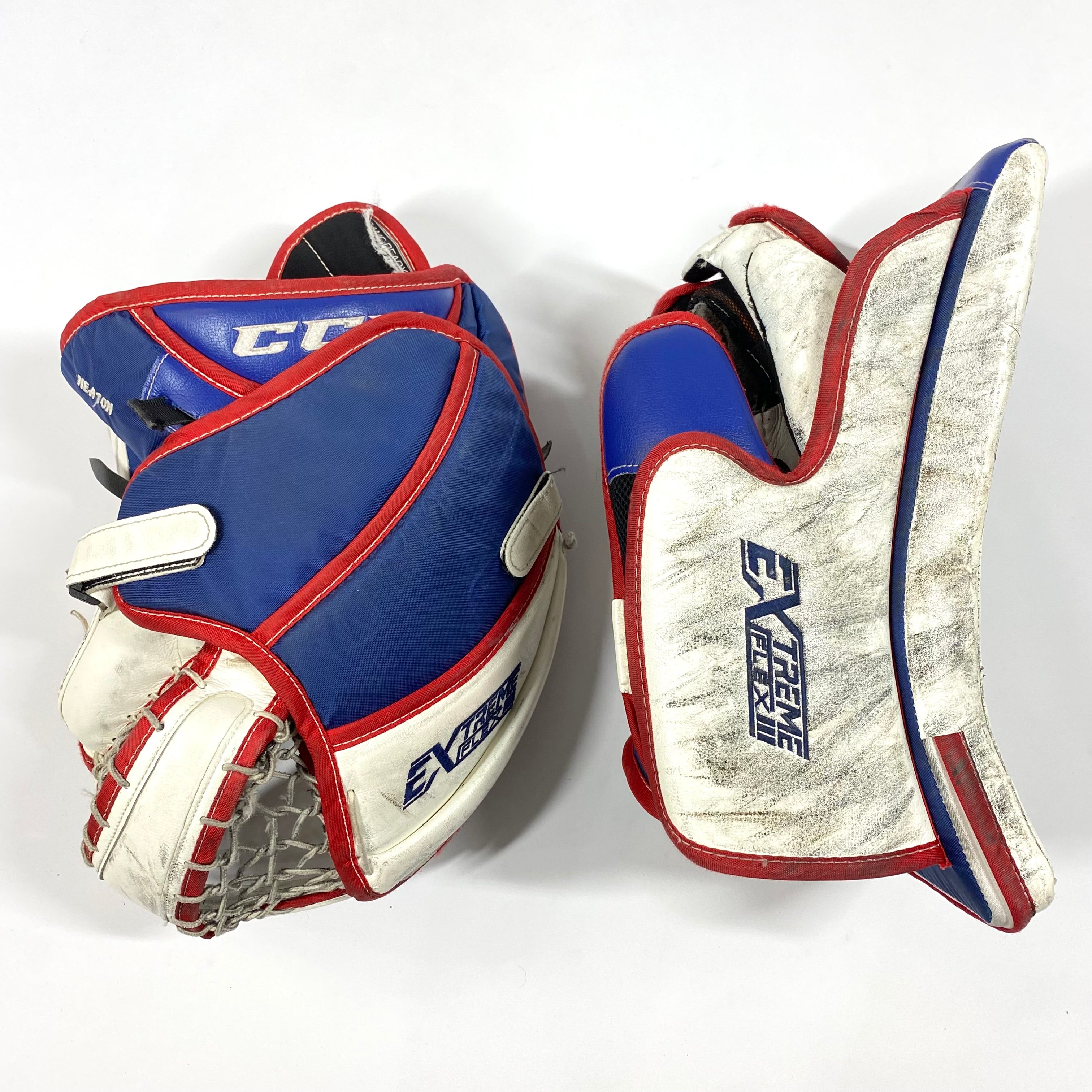 CCM Extreme Flex III - Used Pro Stock Goalie Pads - Full Set (White/Blue/Red)