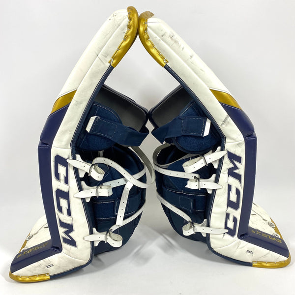 Extreme Flex 5 - Used NCAA Pro Stock Goalie Pads (White/Blue/Gold)